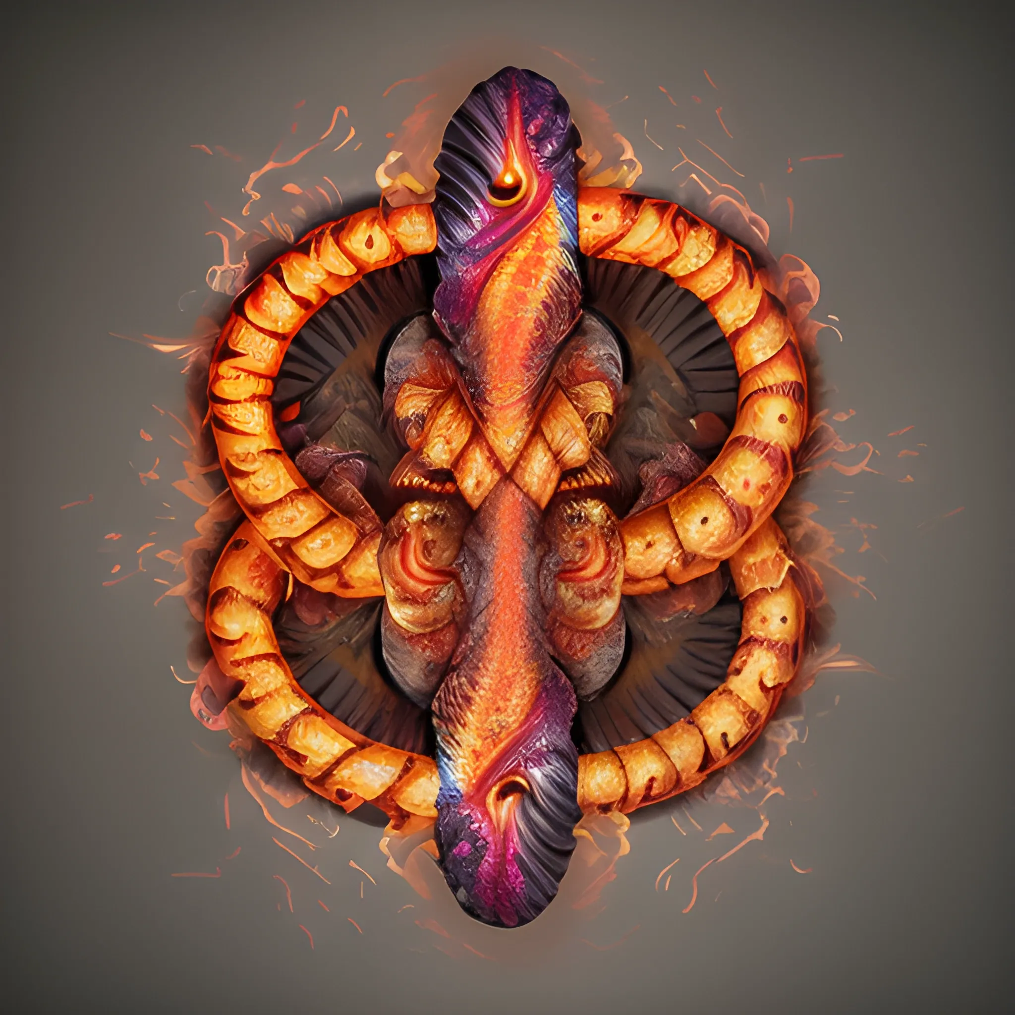 visages entrelacées par des flammes encerclant un serpent, Trippy