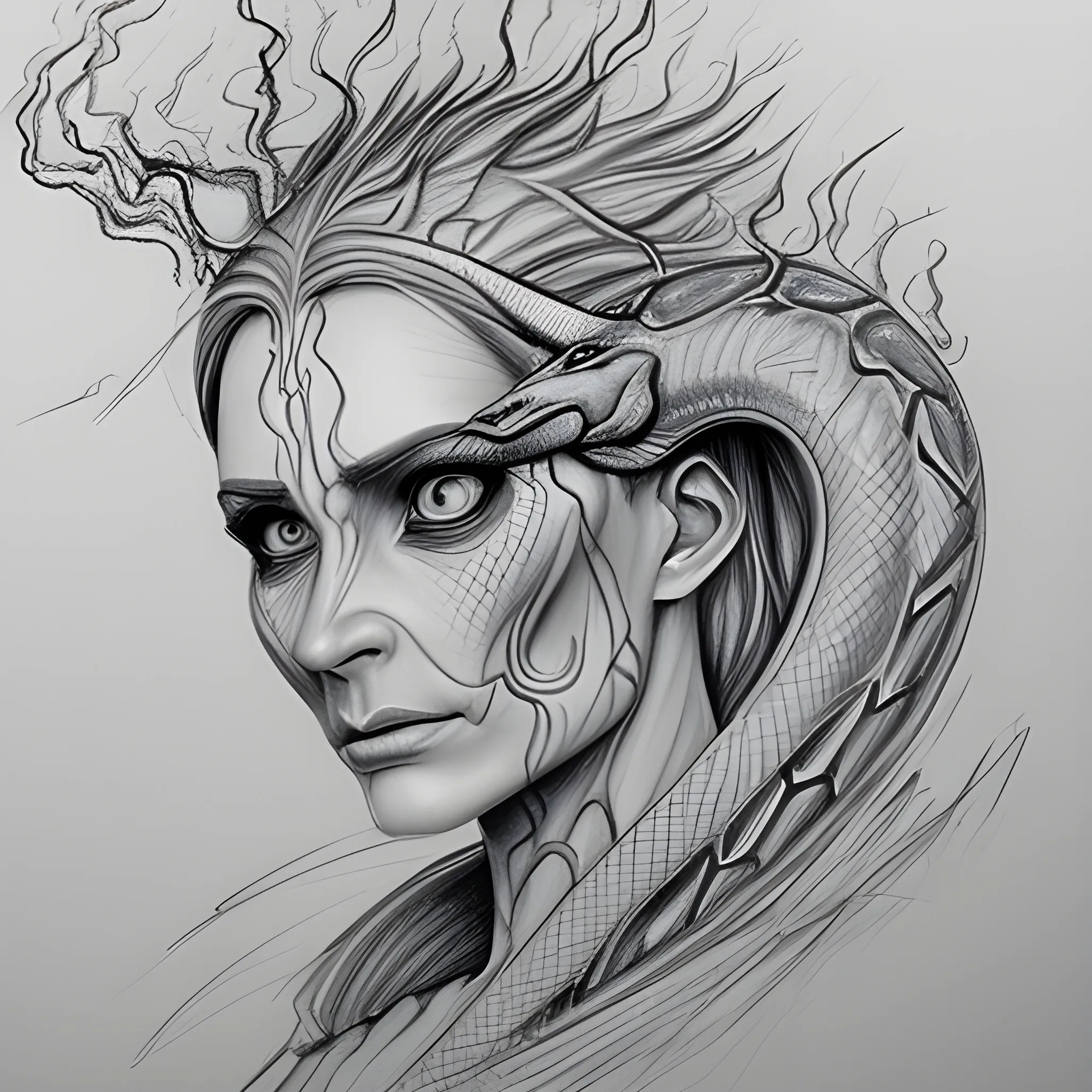 visages entrelacées par des flammes encerclant un serpent, Pencil Sketch