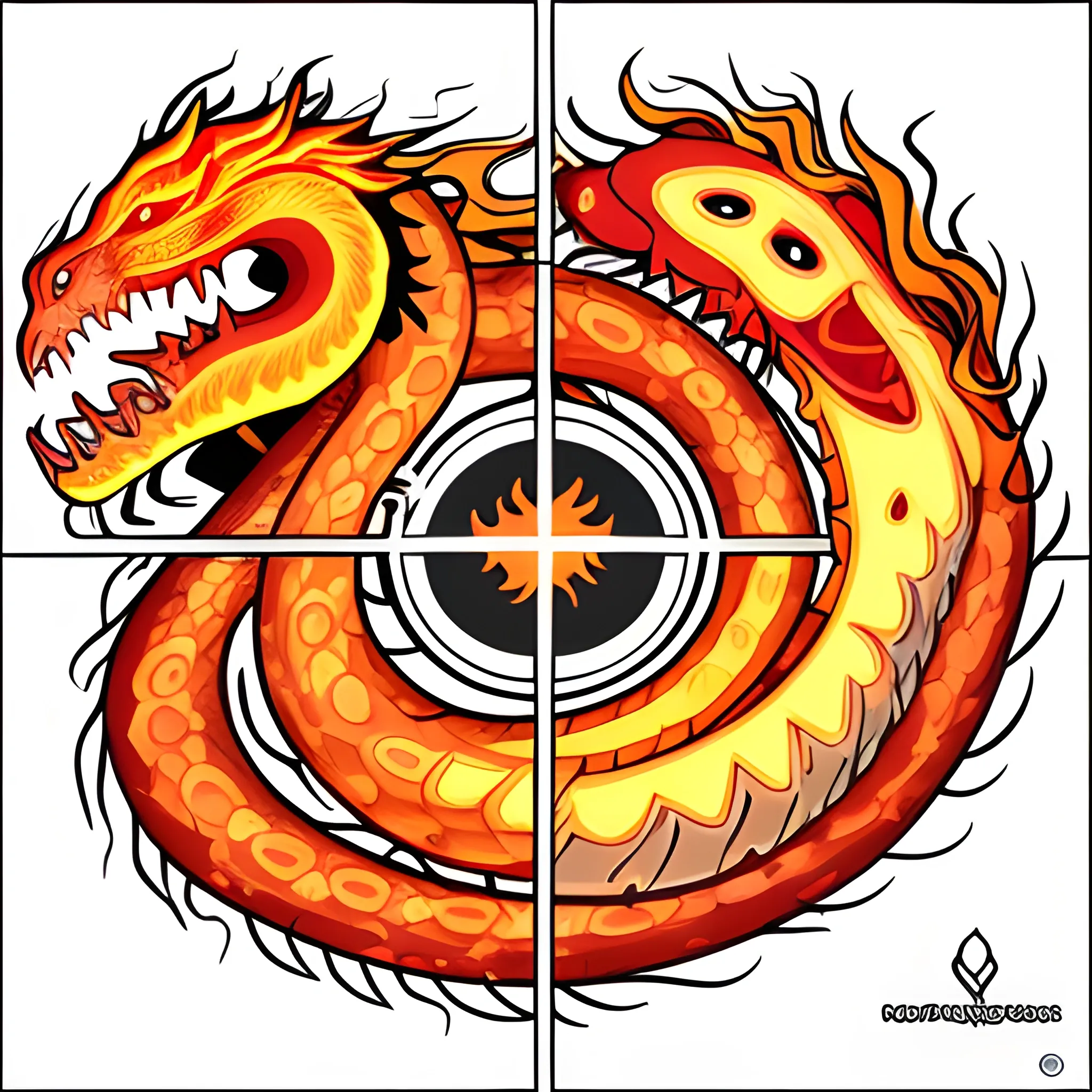 visages entrelacées par des flammes encerclant un serpent , Cartoon