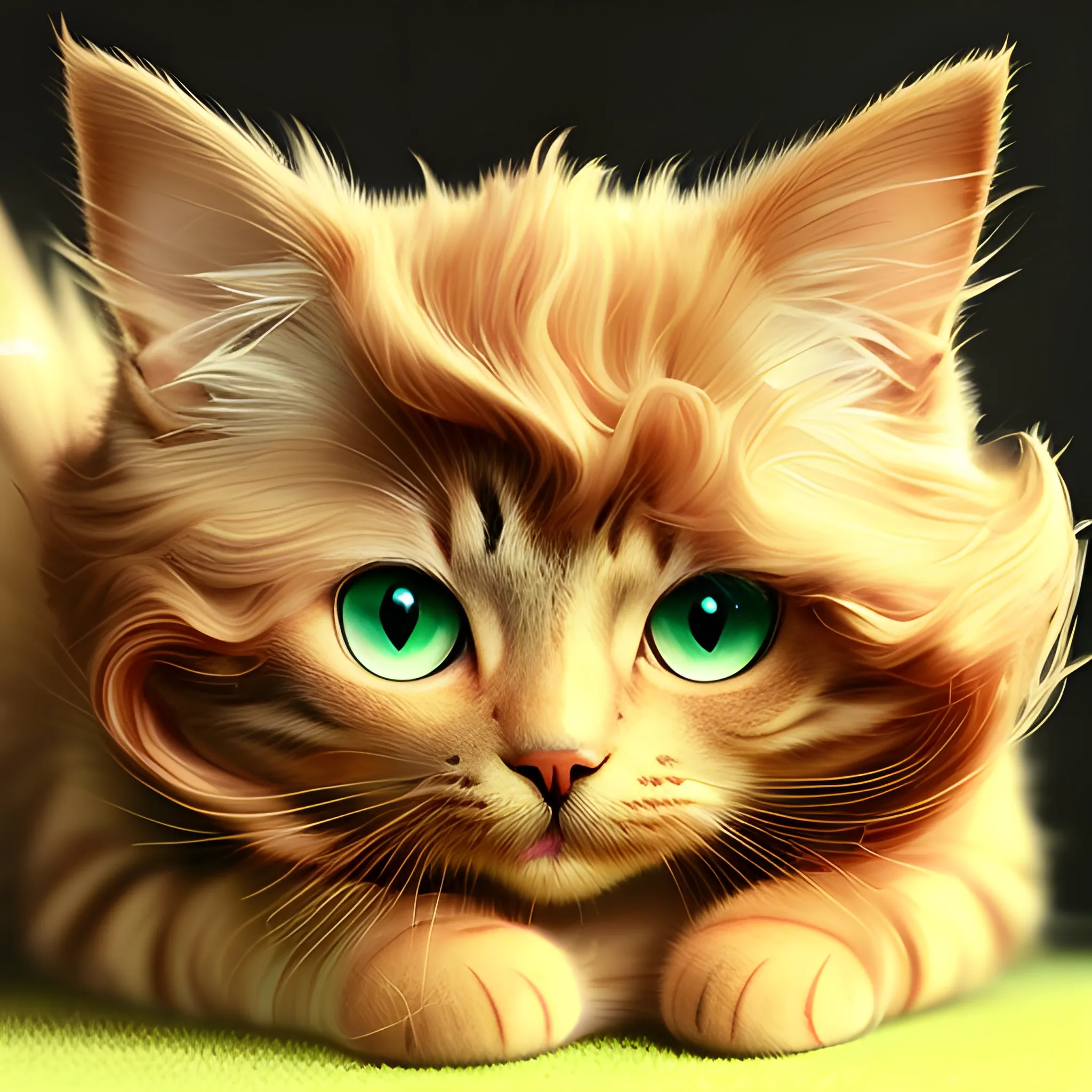  playful Tiffany cat named Kitcat. With her luxurious coat shimmering like spun gold and her eyes the color of emerald,, ,  Cartoon