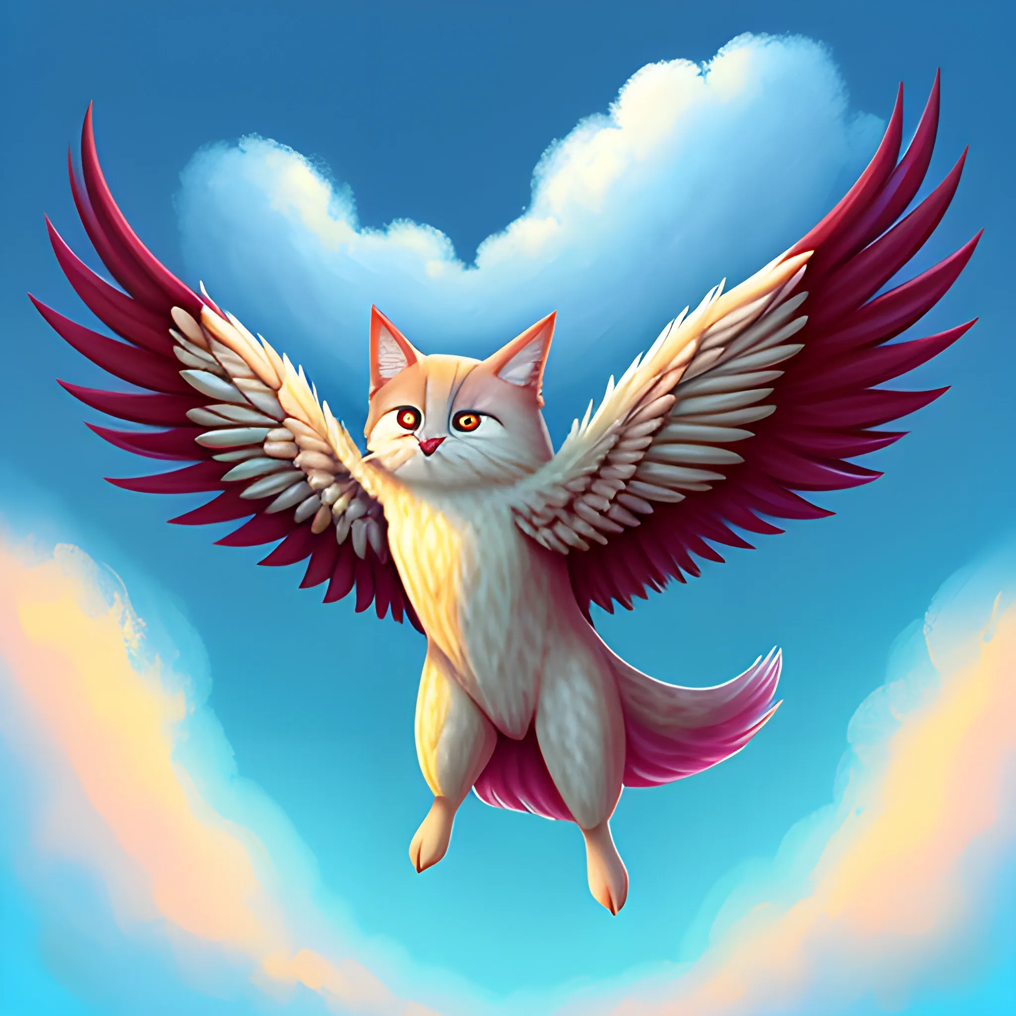 a little fluff flying through the skies, digital painting style in cool and warm colors