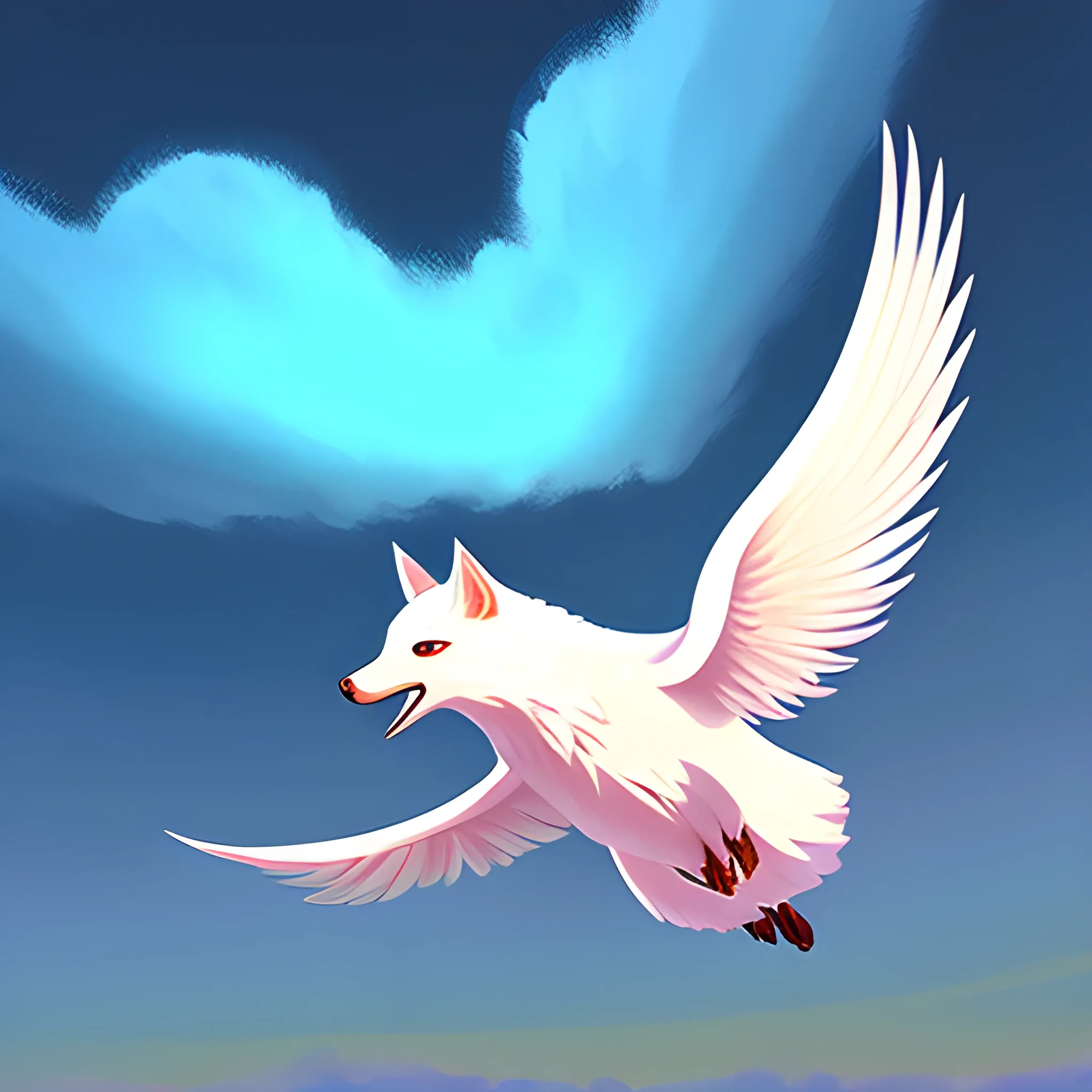 a little fluff flying through the skies, digital painting style in cool and warm colors