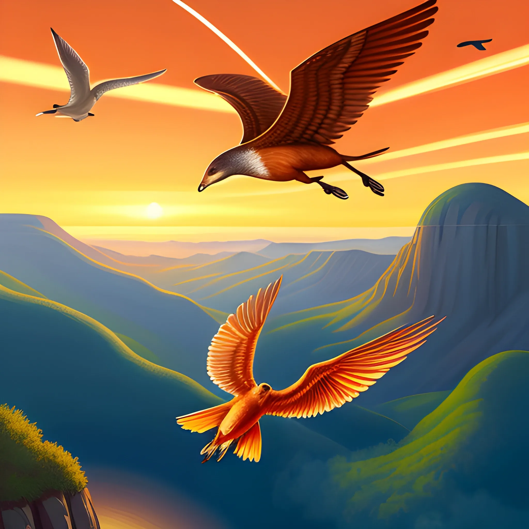 illustration of little animal flying through the skies and the landscape is observed under the daylight, with digital painting style with warm colors.