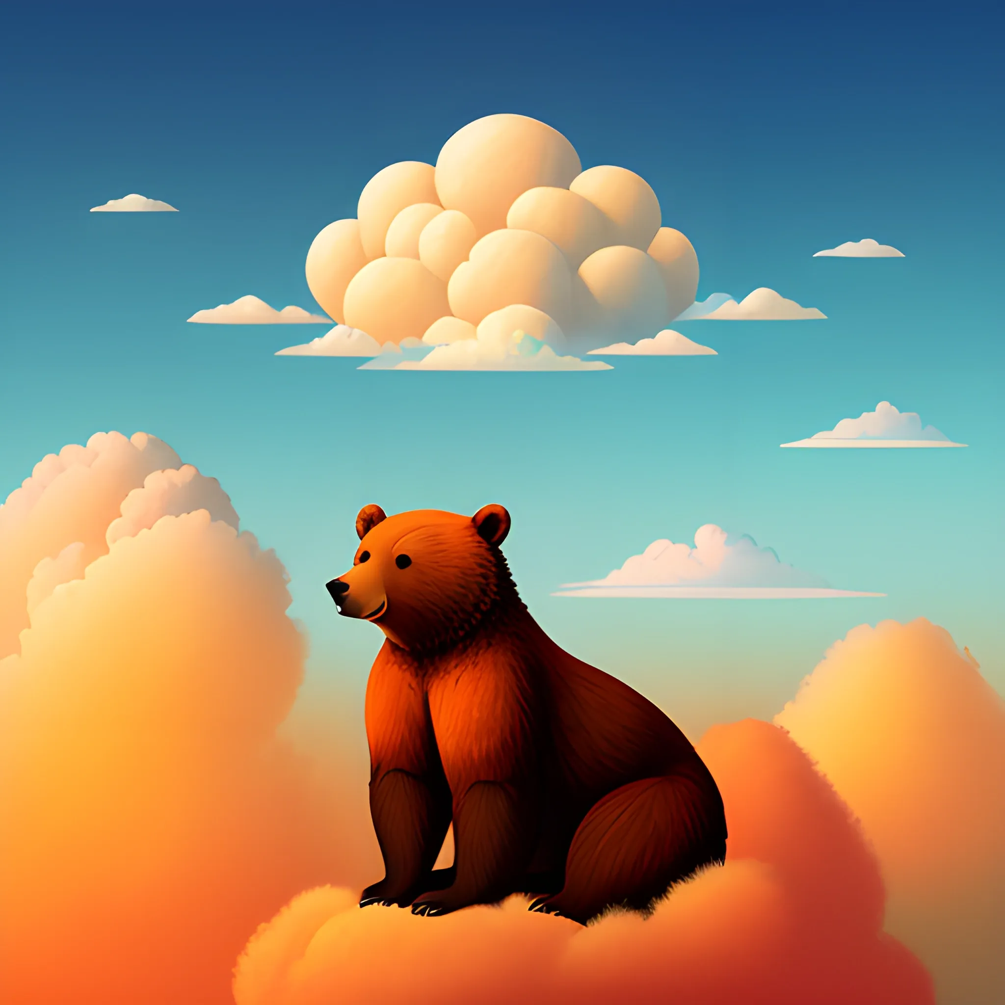 illustration of baby bear on a cloud over the skies and the landscape with daylight below, in digital painting style with warm colors