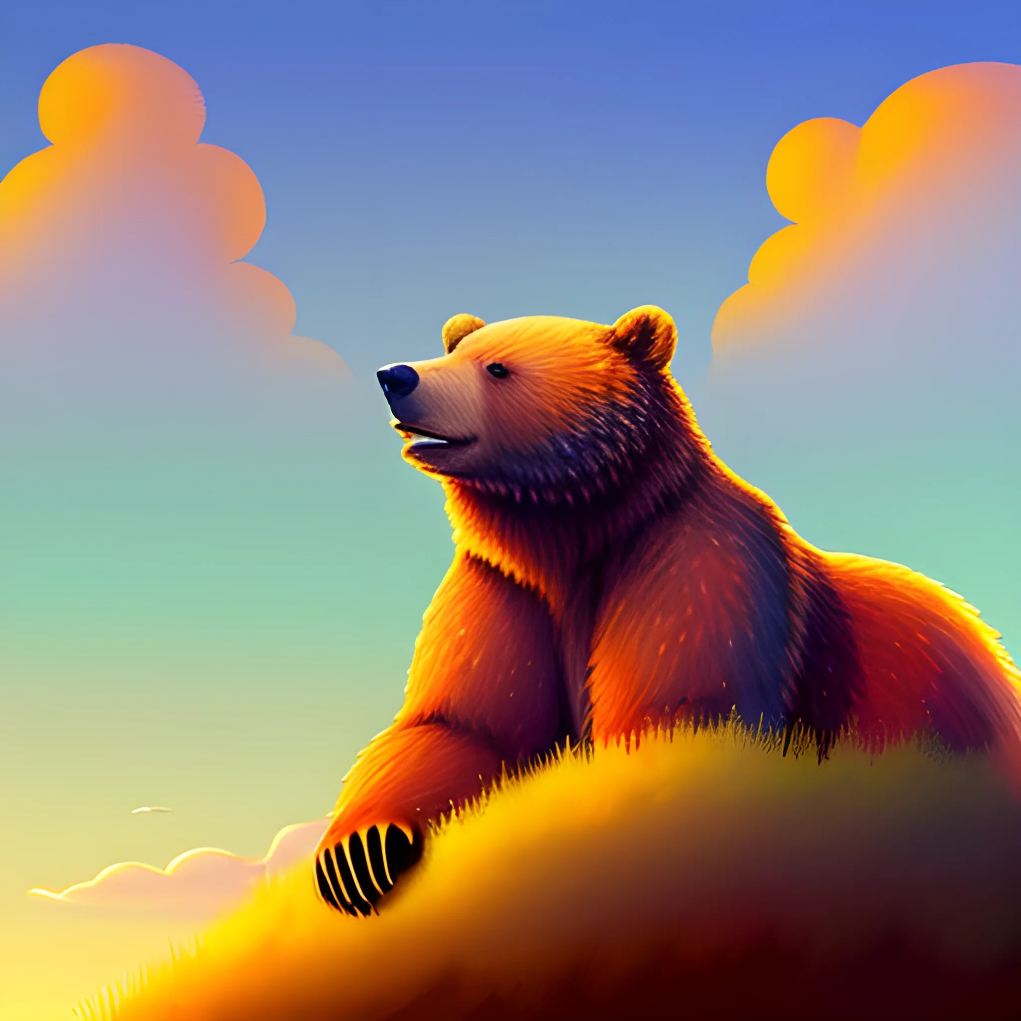 illustration of baby bear on a cloud over the skies and the landscape with daylight below, in digital painting style with warm colors
