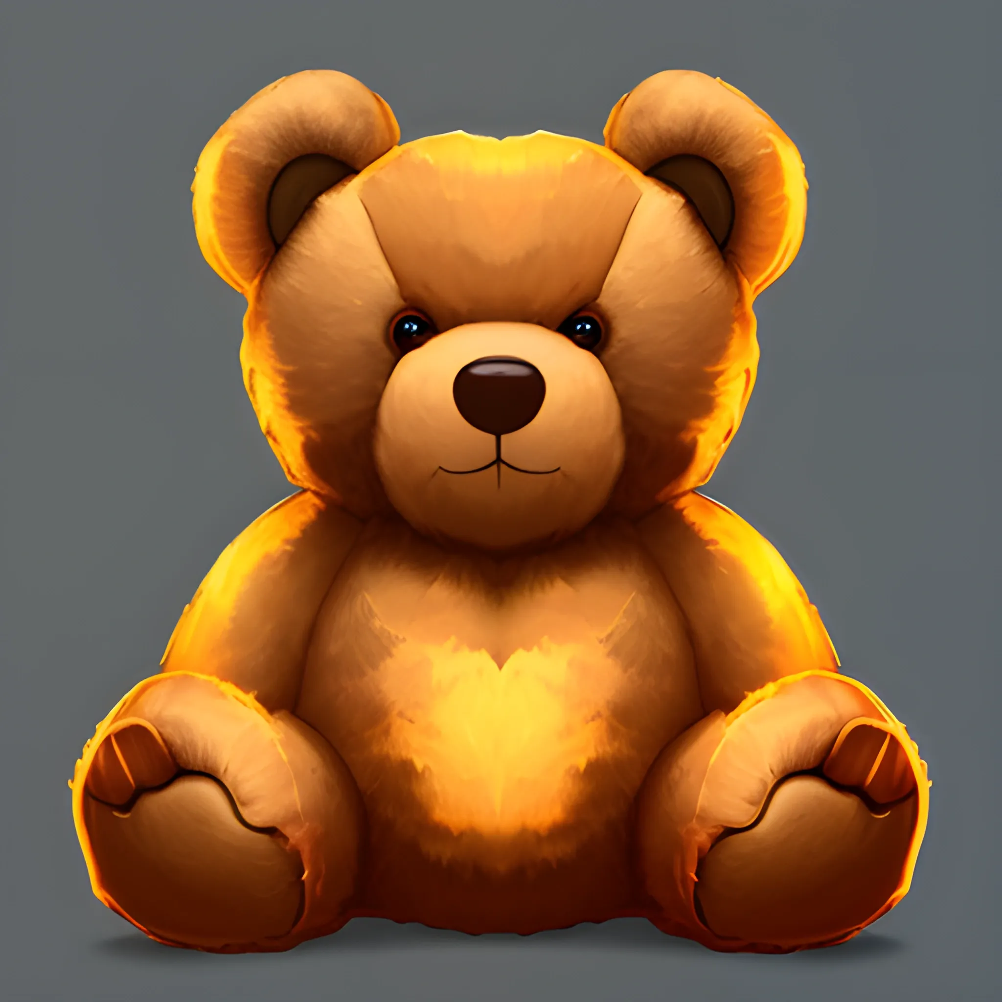 illustration of small whole teddy bear with three-quarter view looking to the side with side light, digital painting style with warm colors