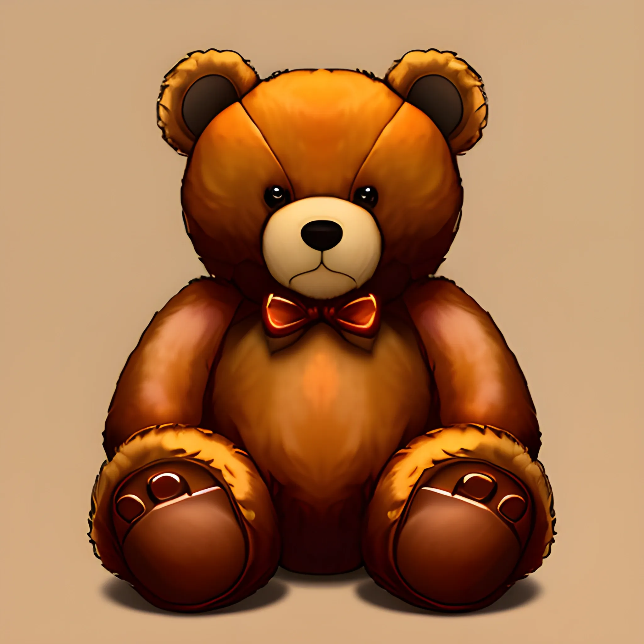 illustration of small whole teddy bear with three-quarter view looking to the side with side light, digital painting style with warm colors