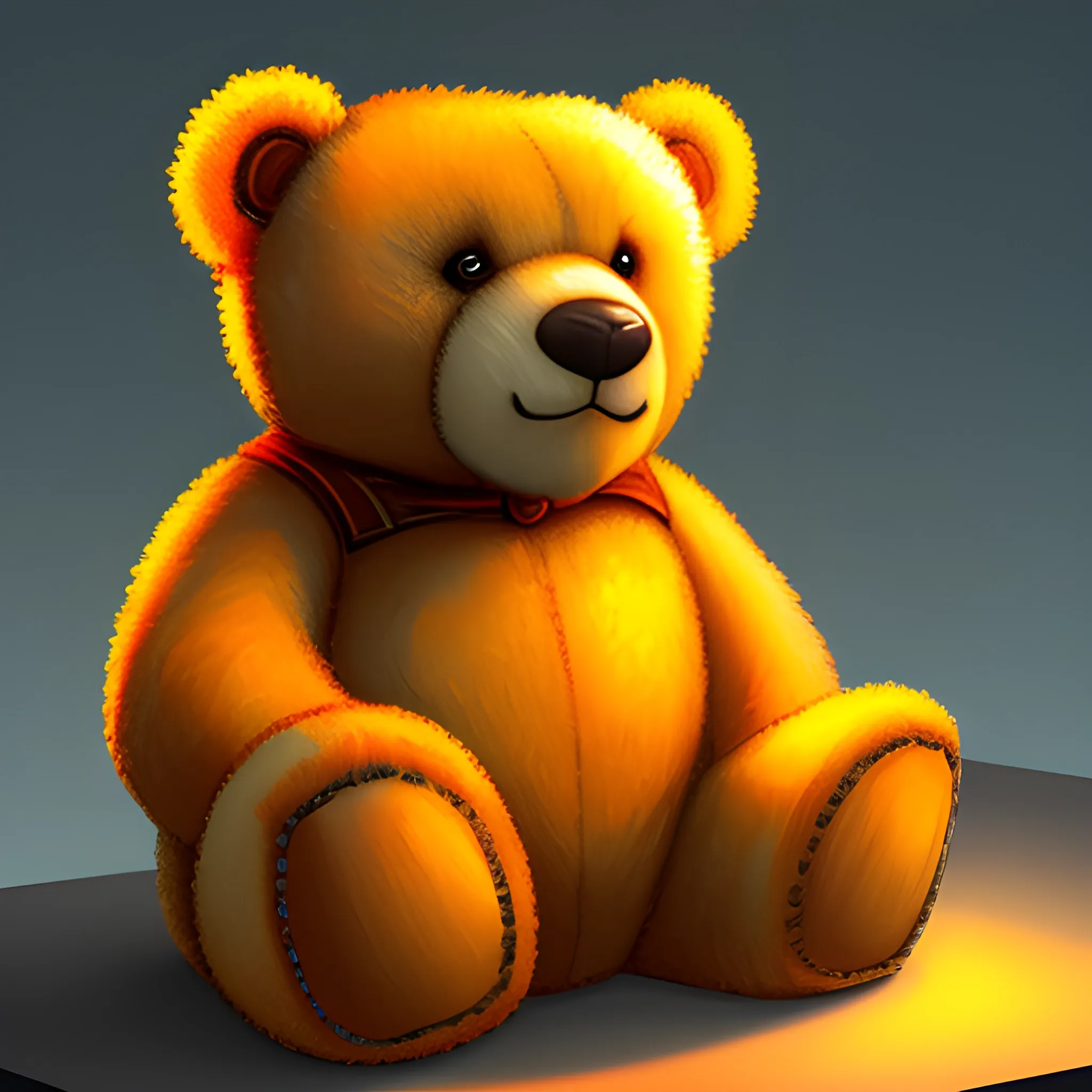 illustration of small teddy bear sitting looking to the side, side light illuminated face and front view, digital painting style with warm colors.