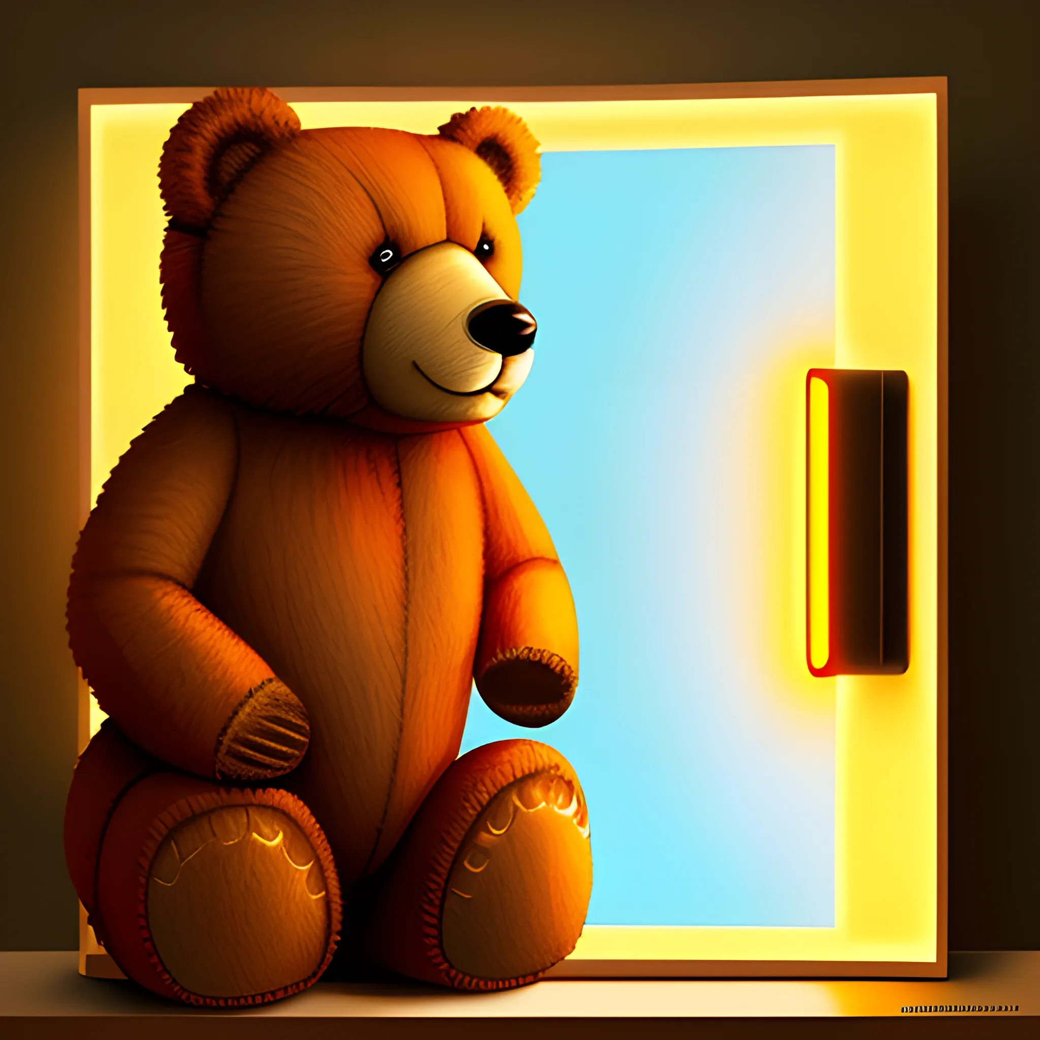 illustration of small teddy bear sitting looking to the side, side light illuminated face and front view, digital painting style with warm colors.