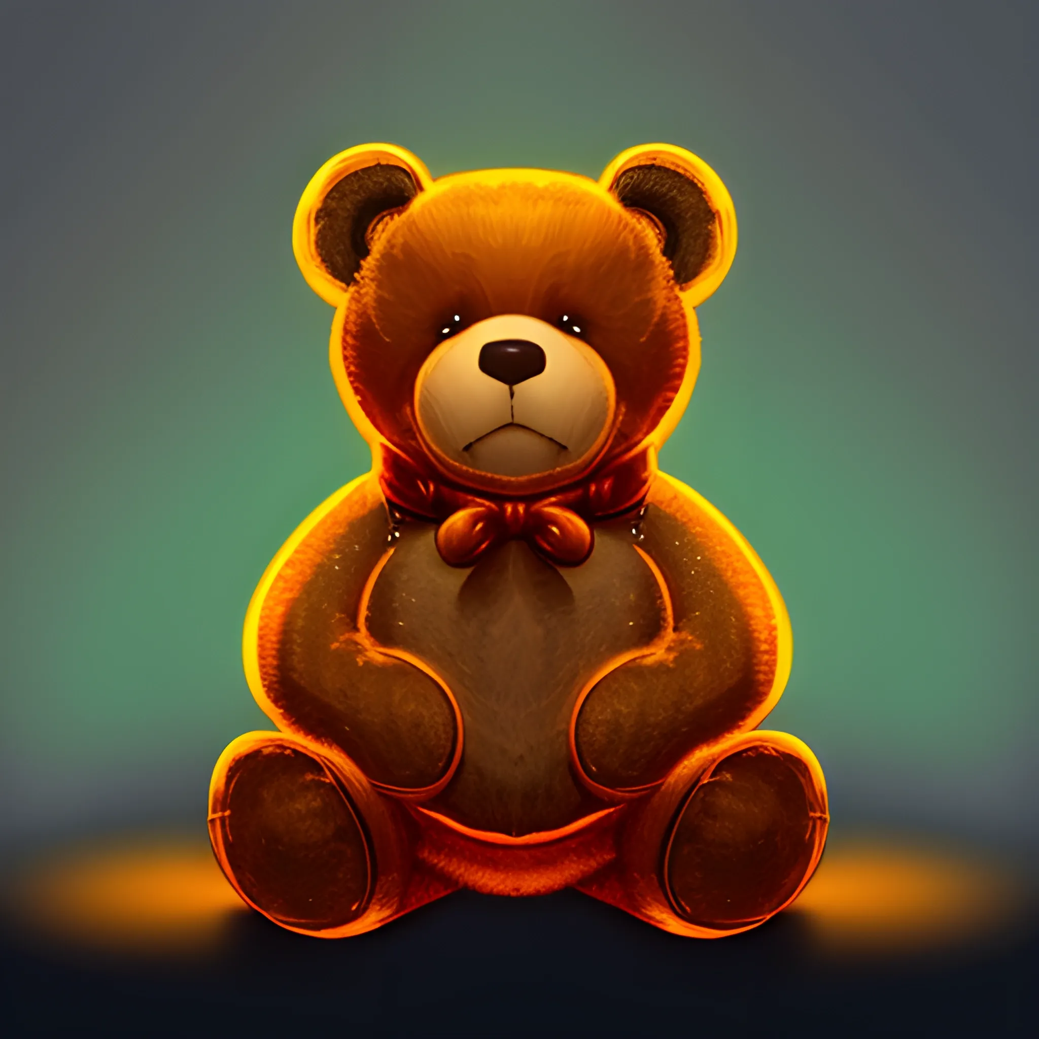 illustration of small teddy bear sitting in profile, illuminated with side light, digital painting style with warm colors.