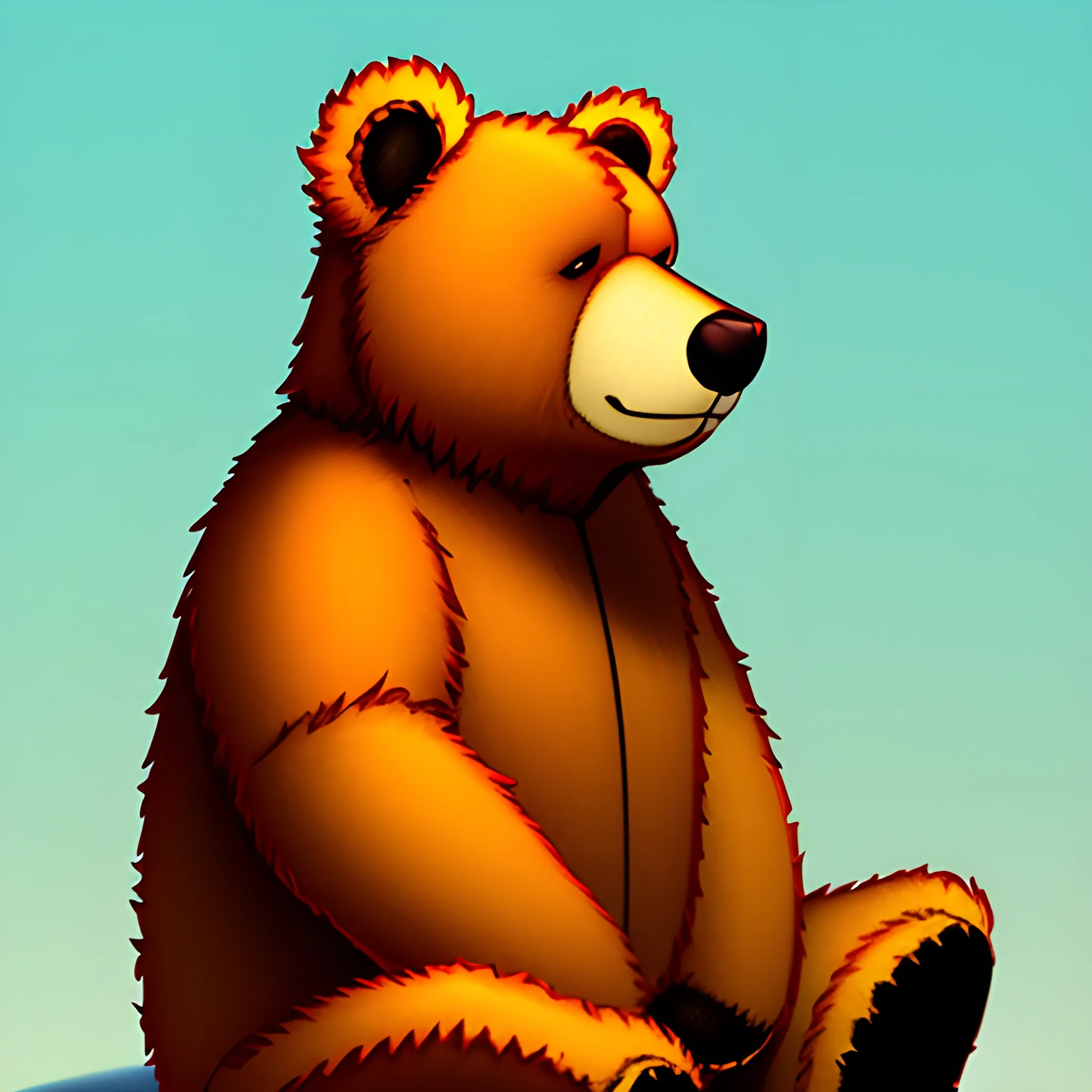 illustration of small teddy bear sitting in profile, illuminated with side light, digital painting style with warm colors.