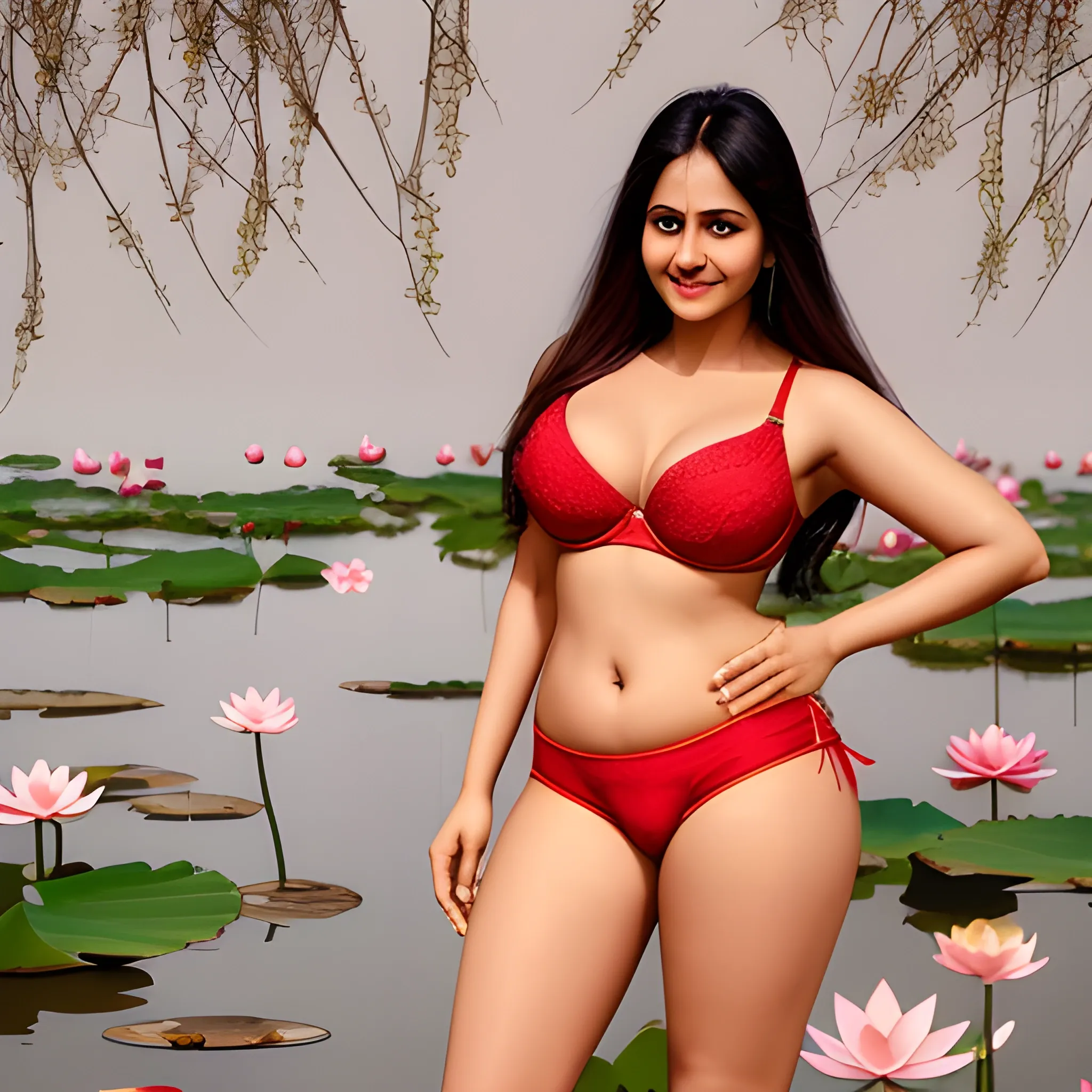 Anjali Sharma 
Smile
bigger thigh
 white muscular body
red yellowish bra
Extra Bigger sized chest
Full body,full body
 standing next to lotus flower
 enormous breast 
 oriental minimalist style
Bigger size thigh 
Bed  background

