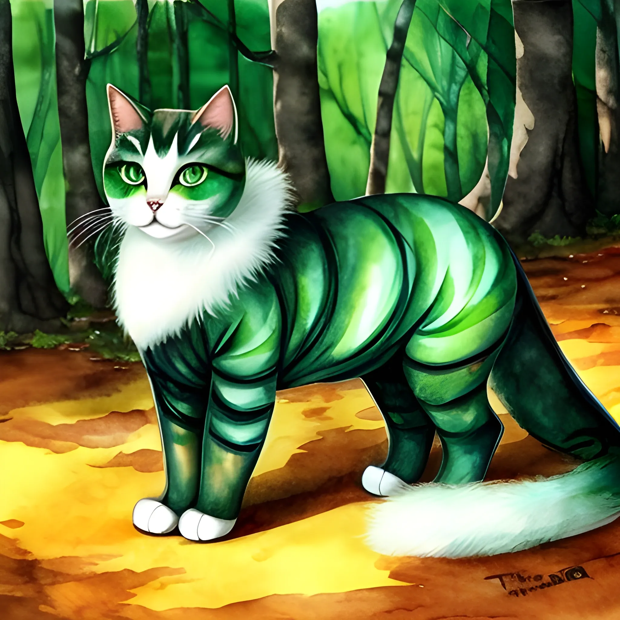 Tiffany cat With her luxurious coat shimmering gold and her eyes the colour of emerald, walking out of the forest, Water Color