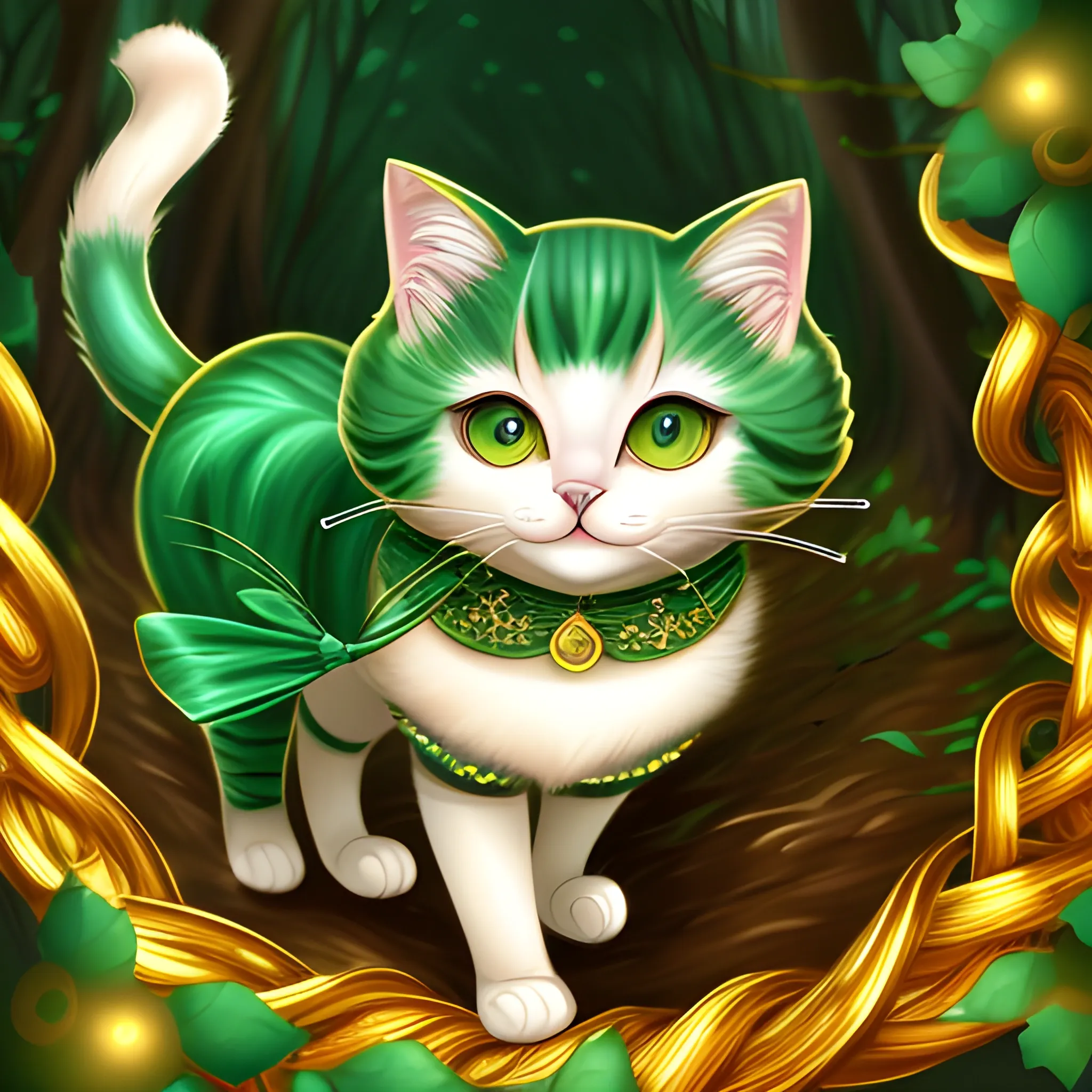  playful Tiffany cat named Kitcat. With her luxurious coat shimmering like spun gold and her eyes the color of emerald,, ,  Cartoon, walking out of the forest, , Cartoon