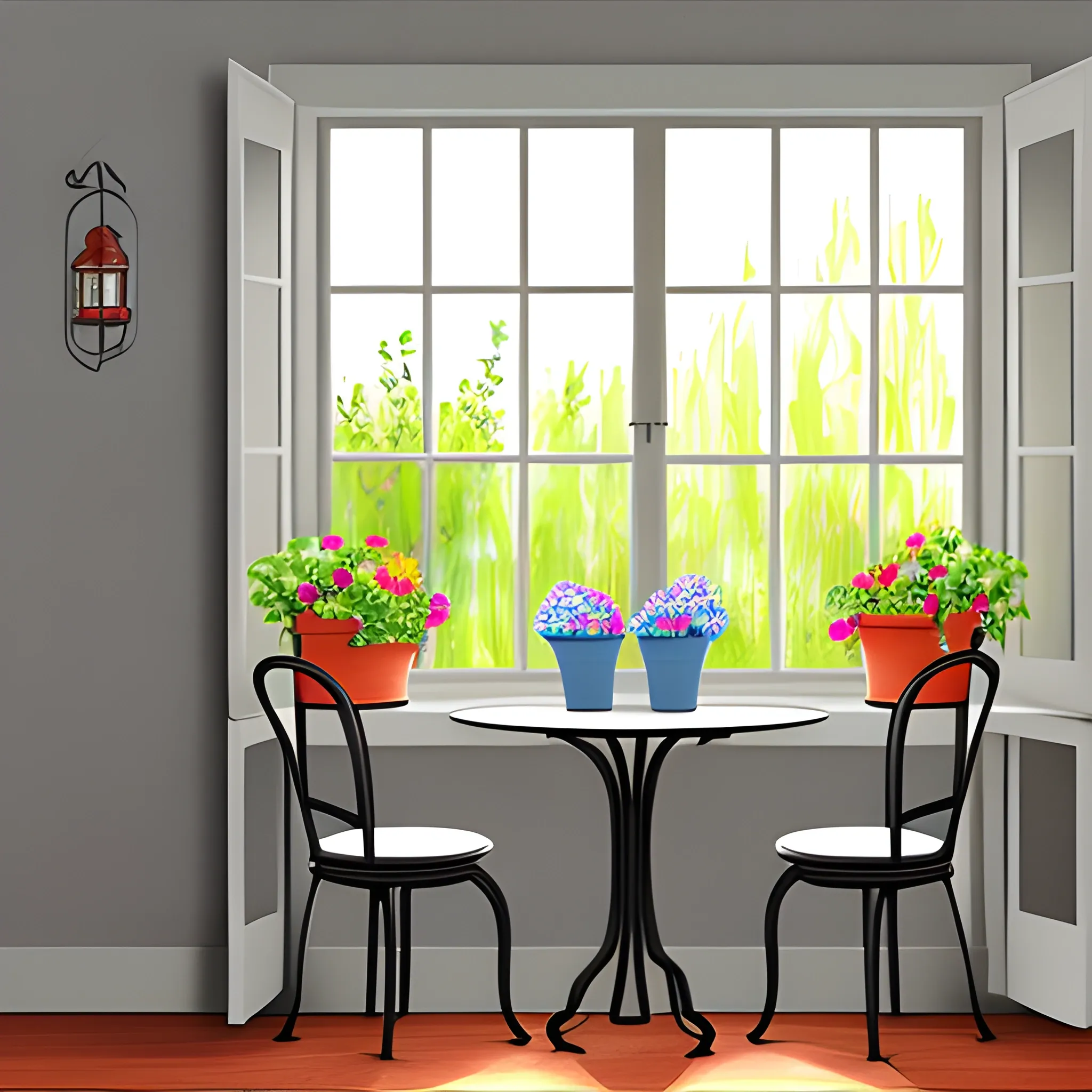 large window illustration, with table and chairs in the room with flower pots and flowers around, in digital painting style, with gray colors
