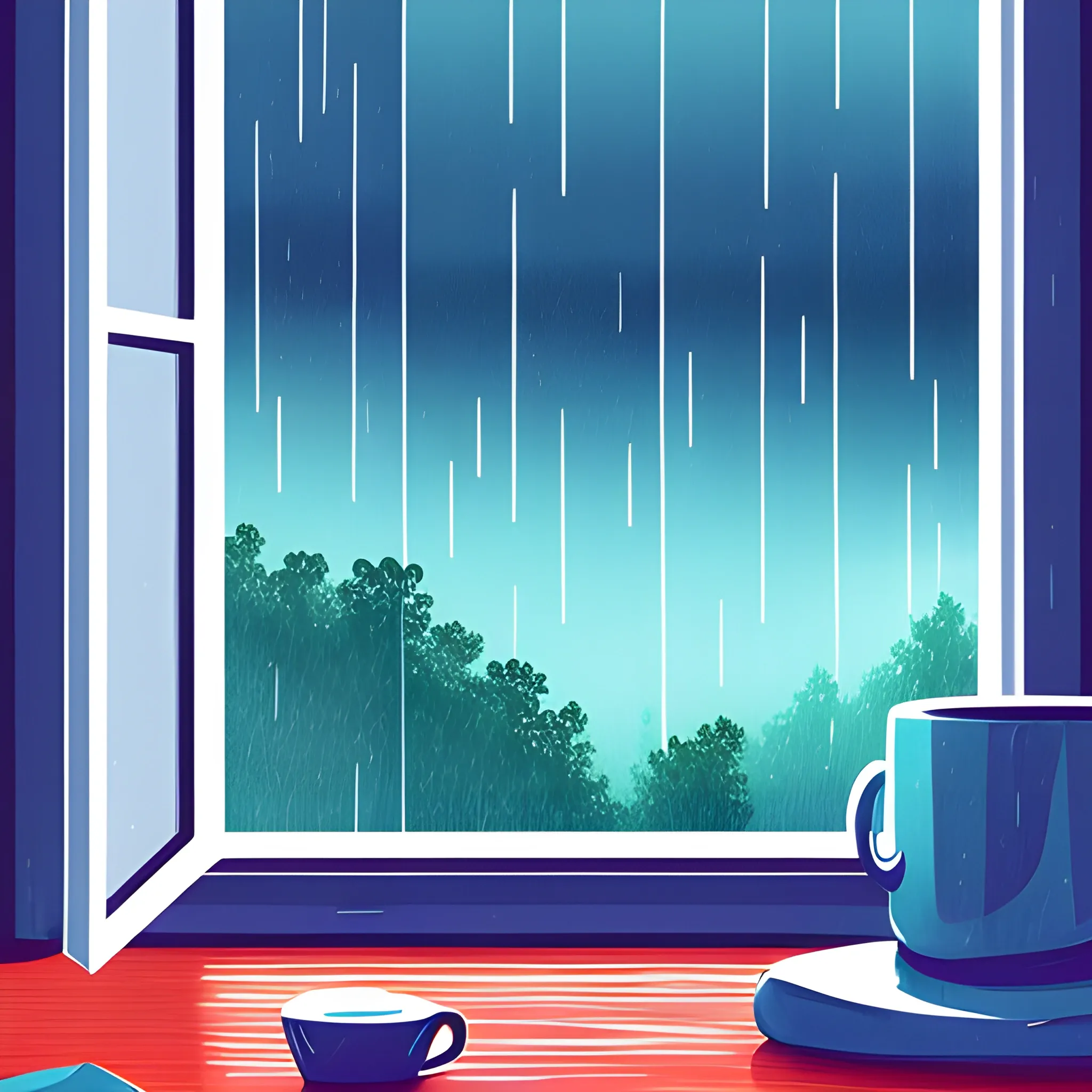 illustration of rainy day looking out of large window in digital painting style with cool colors