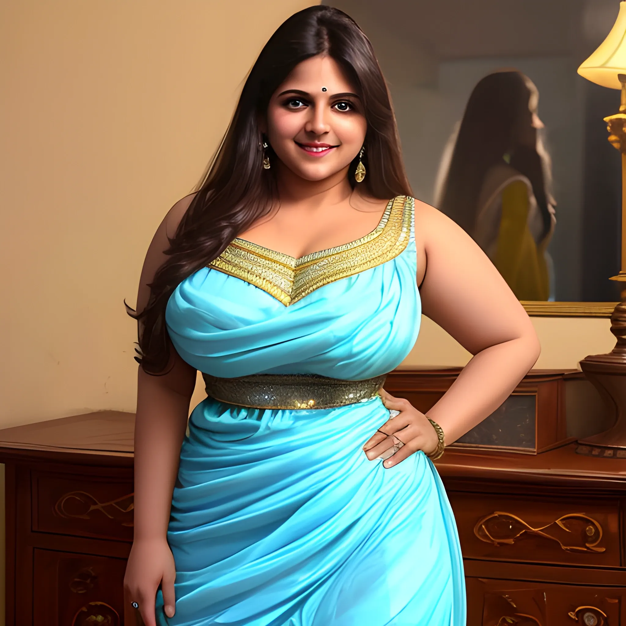 Thick Anjali Sharma
bigger thigh
 white muscular body
Enormous breasts
a stunningly beautiful princess dressed in a light night blue yellowish silk allur dress,flirty open eyes with cutest smile 
At night 
Her mother 