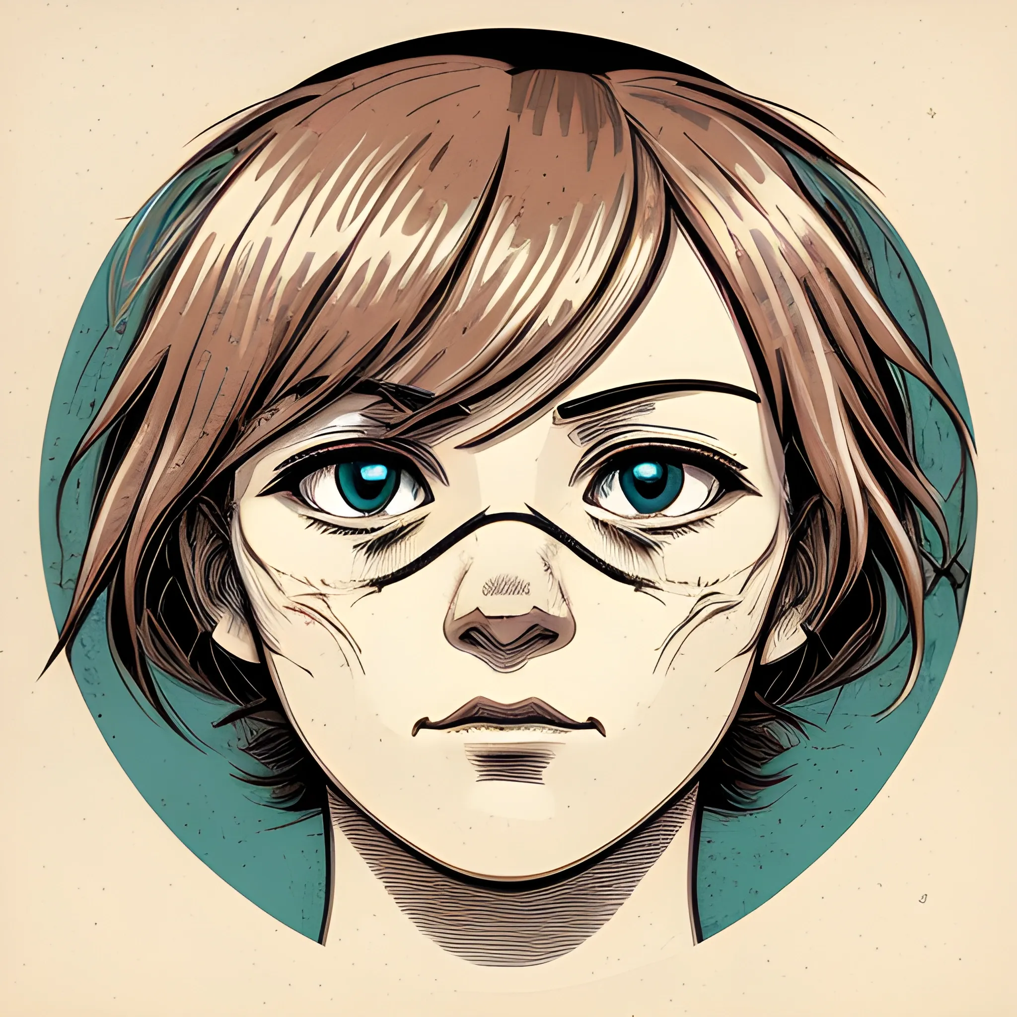 A detailed drawing, human face ,  extreme close up shot, anime, flat design, colorful shades, highly detailed, clean, vector image, flat white background, vibrant, vector, vintage, rustic, distressed texture, faded colors, line art, engraving style, background white, no shadows, 16k, focus, deviant art masterpiece. proportional. 