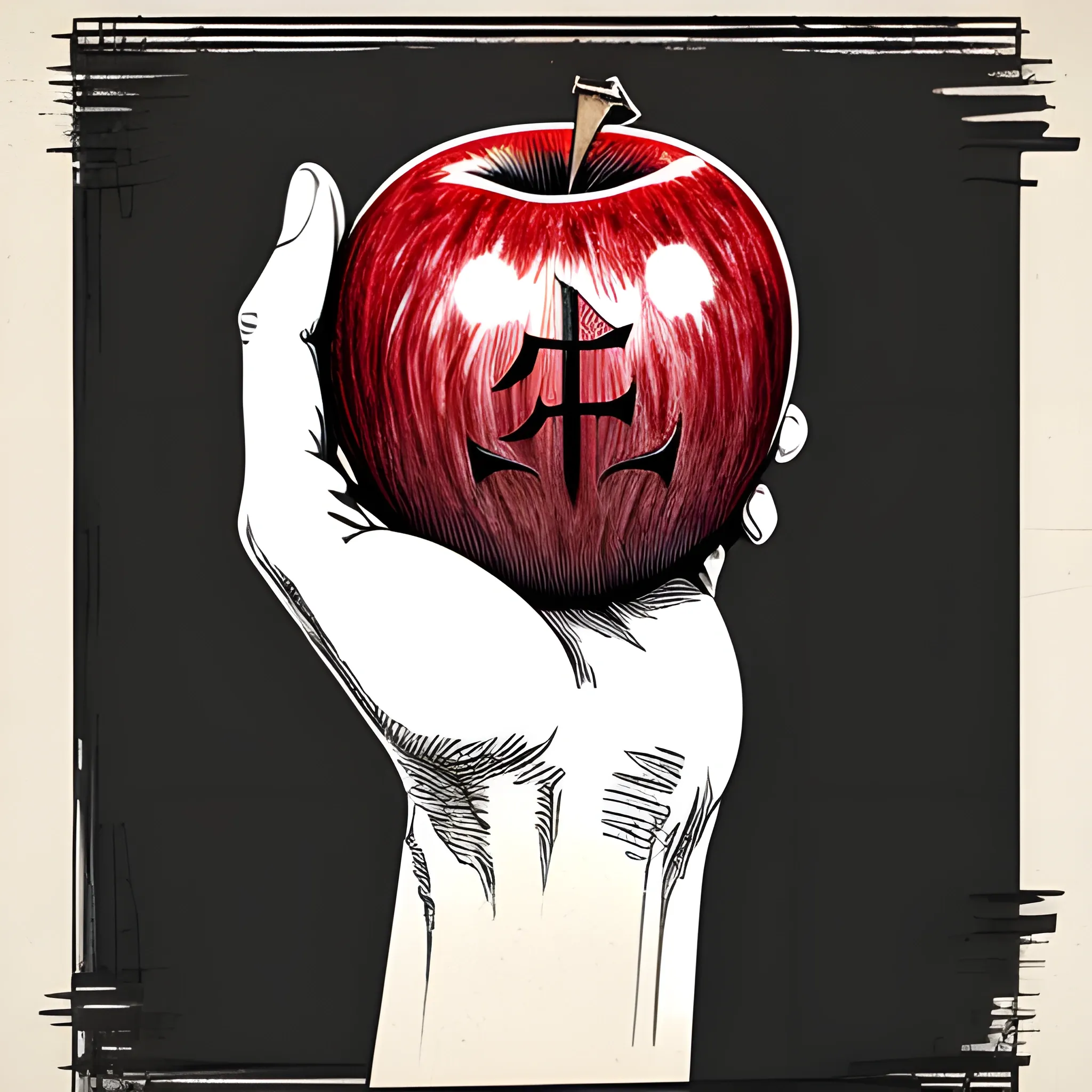 Detailed drawing, hand, red apple, anime Death Note , comic, flat design, colorful shades, highly detailed, clean, vector image, flat white background, vibrant, vector, vintage, distressed texture, faded colors, line art, engraving style, background white, no shadows, 16k, focus, deviant art masterpiece.