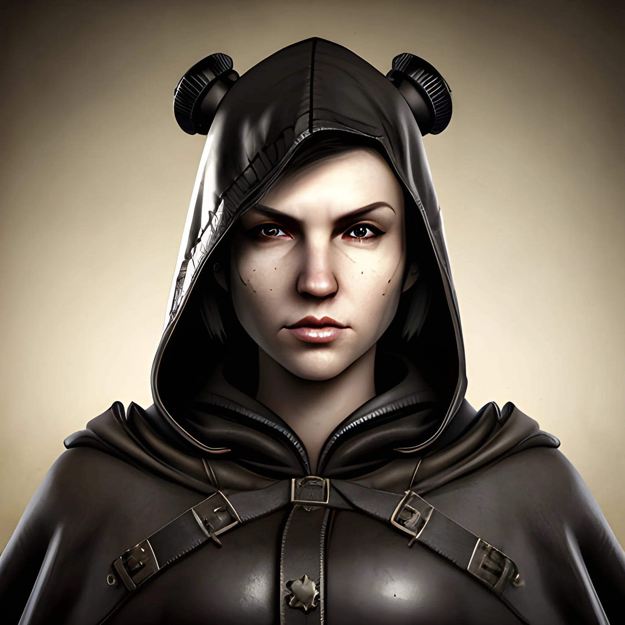 In the style of fallout 1, (masterpiece), (portrait photography), (portrait of an adult Caucasian female), no makeup, flat chested, leather cloak, hood on, ponytail hairstyle, black hair, black eyes