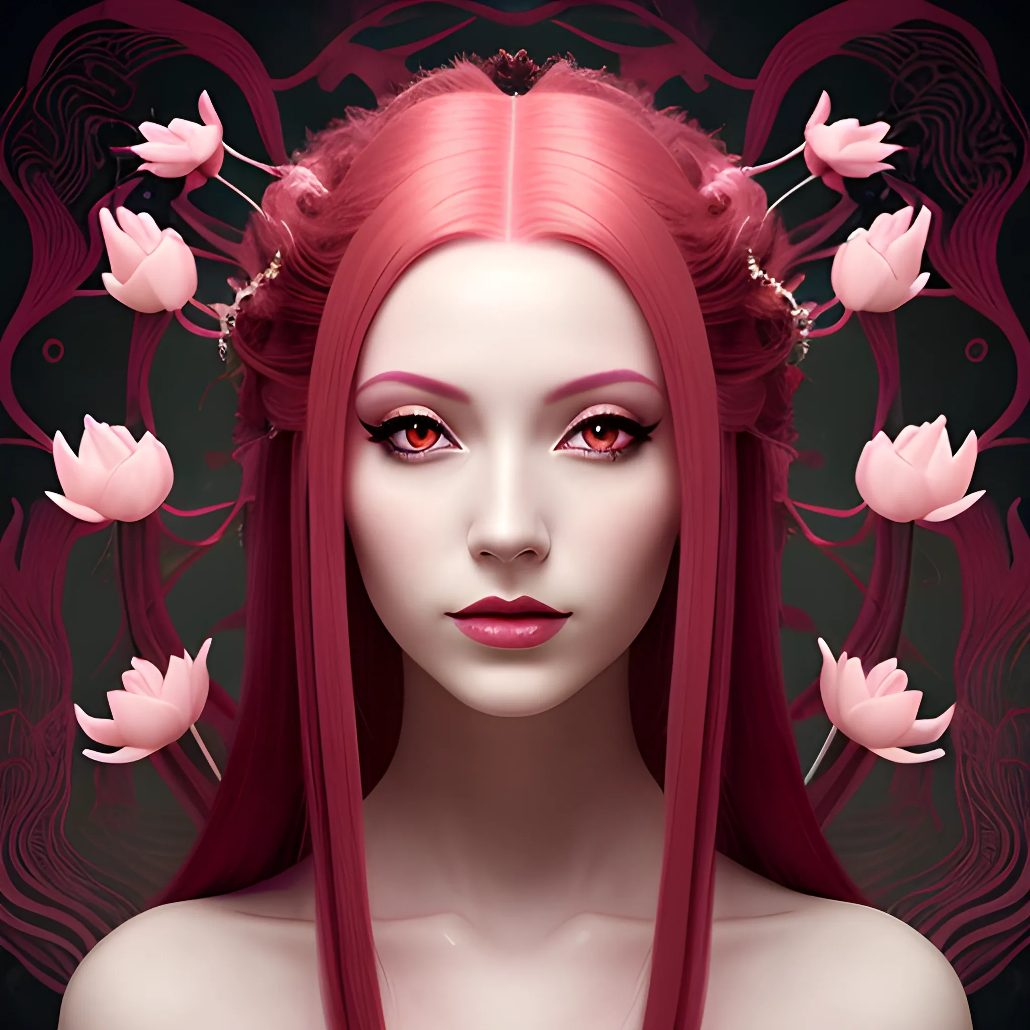 A beautiful woman with dark straight red pink hair and extra long hair, more surreal and mysterious, detailed with Lotus foundation 

