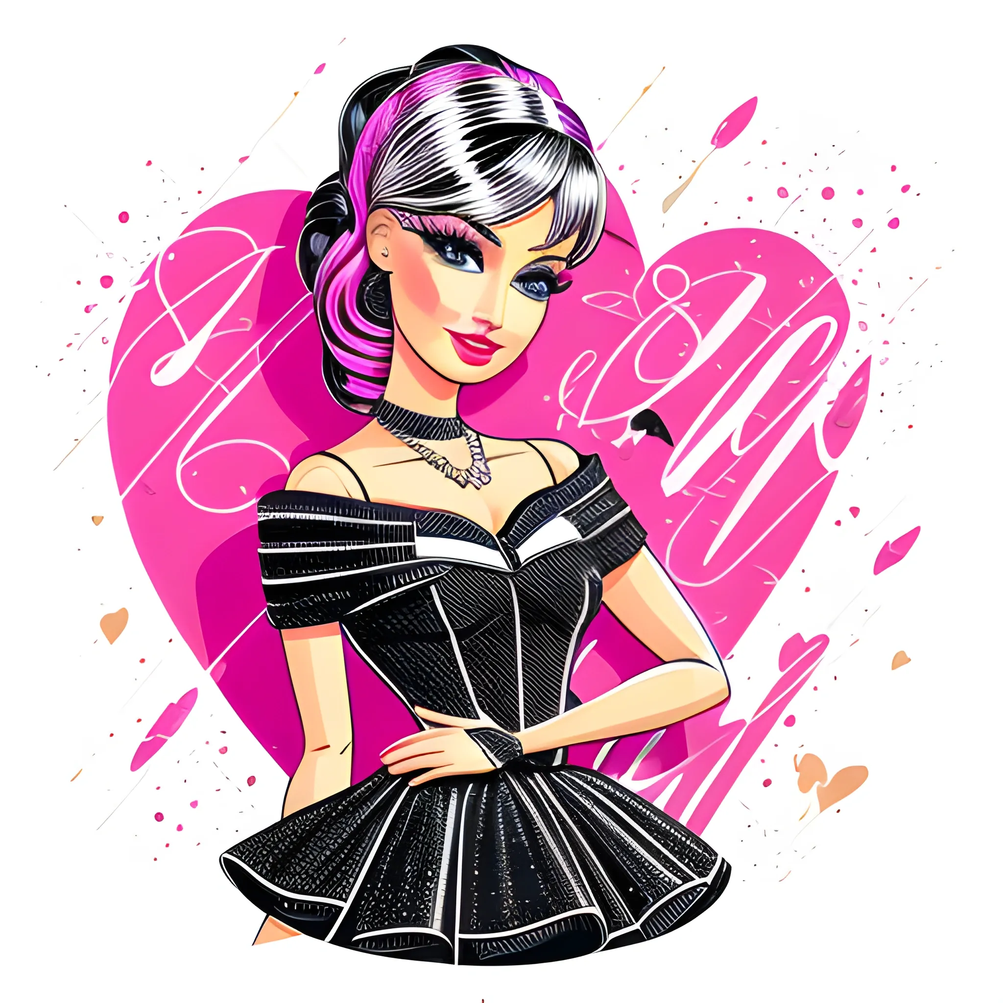 a fashion barbie, highly detailed, clean, vector image,  vibrant, vector, vintage, line art, background black, no shadows, 4k., heart background
, Water Color