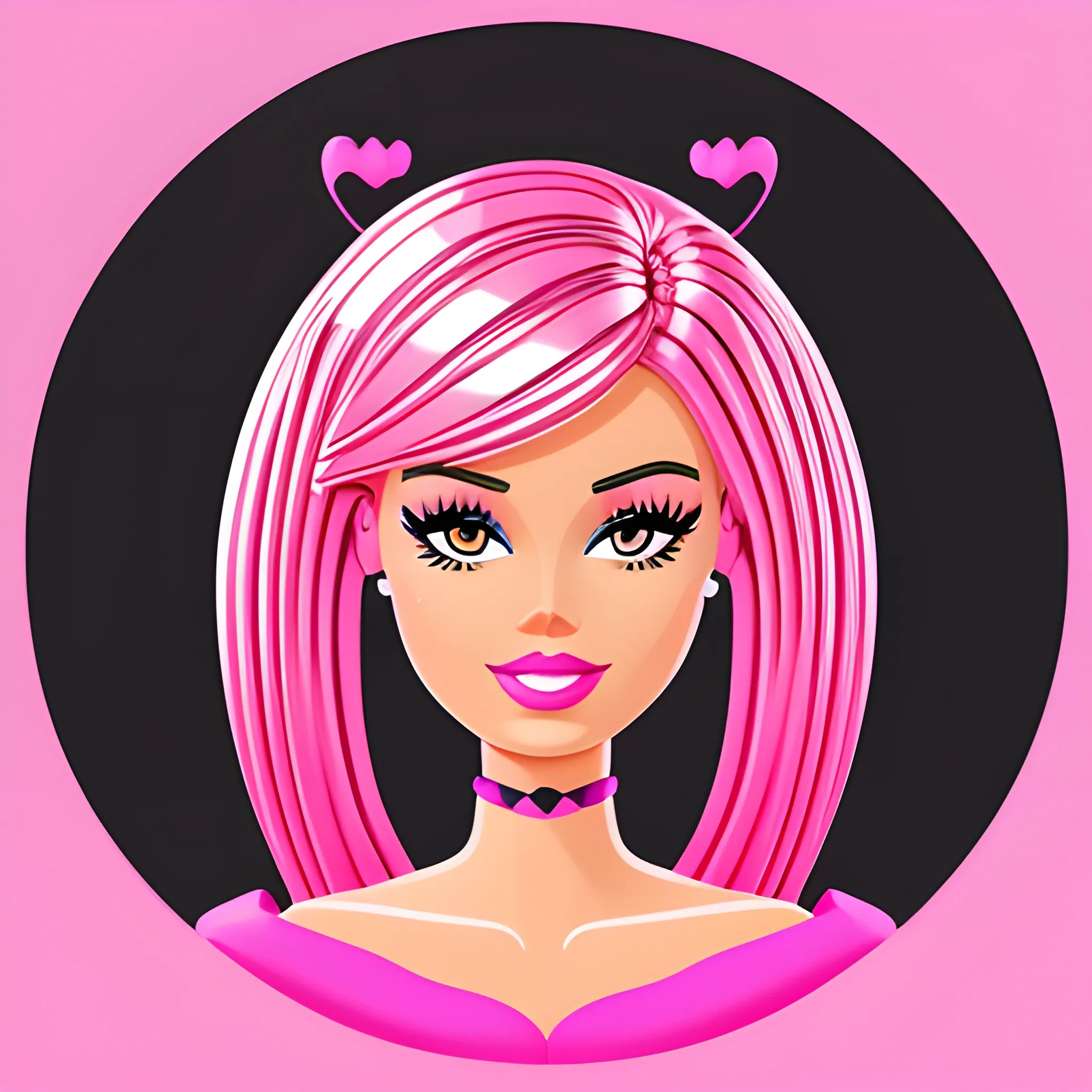 a barbie face, flat design, very detailed, clean, vector image, isometric, vibrant, vector, vintage, line art, black background, shadowless, 4k, heart background , surrealism
