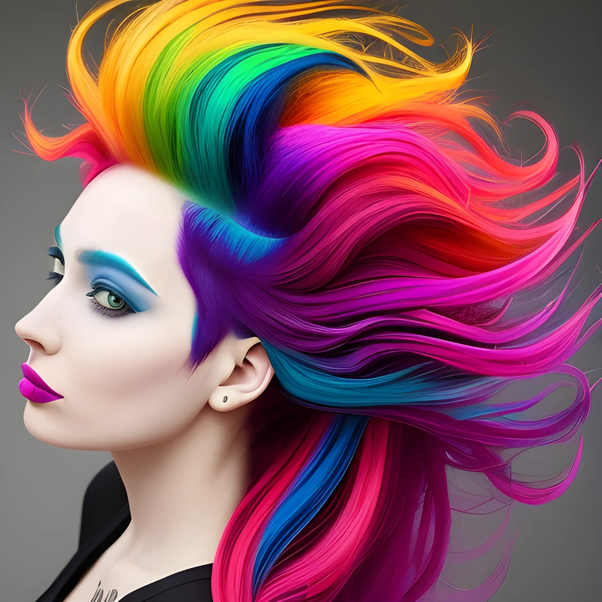 the woman is wearing multicolored hair, vibrant color scheme