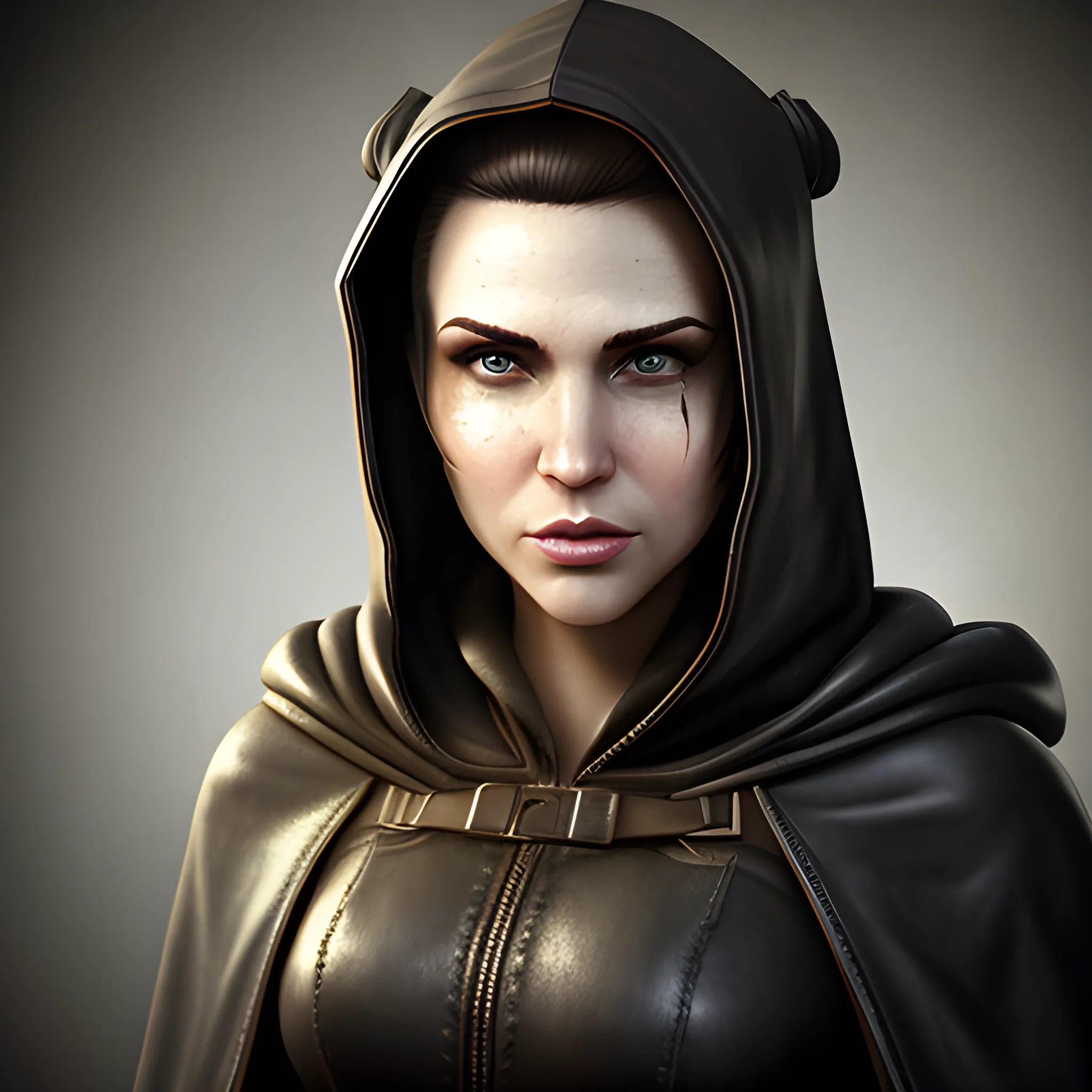 In the style of fallout 1, (masterpiece), (portrait photography), (portrait of an adult Caucasian female), no makeup, flat chested, leather cloak, hood on, ponytail hairstyle, black hair, black eyes