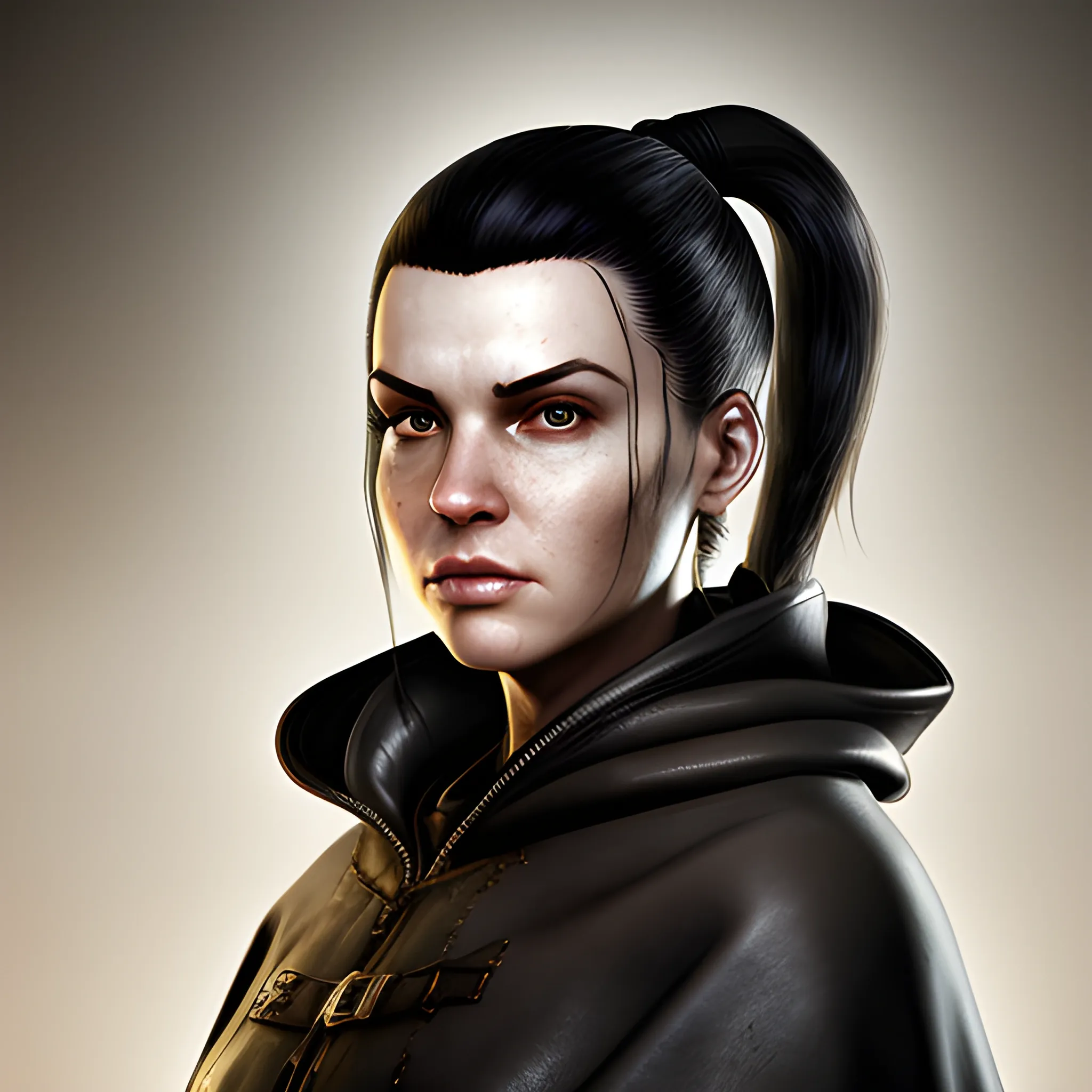 In the style of fallout 1, (masterpiece), (portrait photography), (portrait of an adult Caucasian female), no makeup, flat chested, leather cloak, hood on, ponytail hairstyle, black hair, black eyes