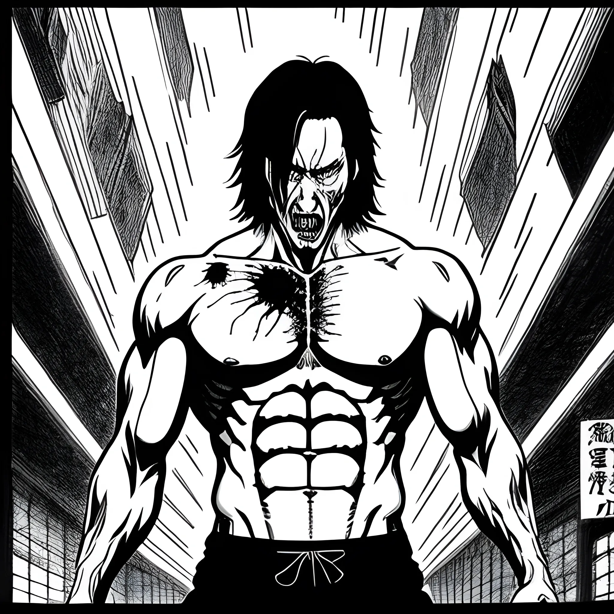 Black and white ink nanquim drawing, Anime perspective drawing, young anime Keanu Reeves screaming and tearing his shirt, leaving his chest exposed, body shattered after falling from a building, male uniform, virile, short hair, wide eyes, monster eyes, a angry screaming madly, fighting, sprawled on school floor, horror, scary, fear, thought provoking, by Kazuo Umezu by Ito Junji, high definition, super hd, ultra high definition, fear definition, panic, terrifying, anxiety, dread, shock, bloodied, brain exposed, hole in belly with intestines sticking out