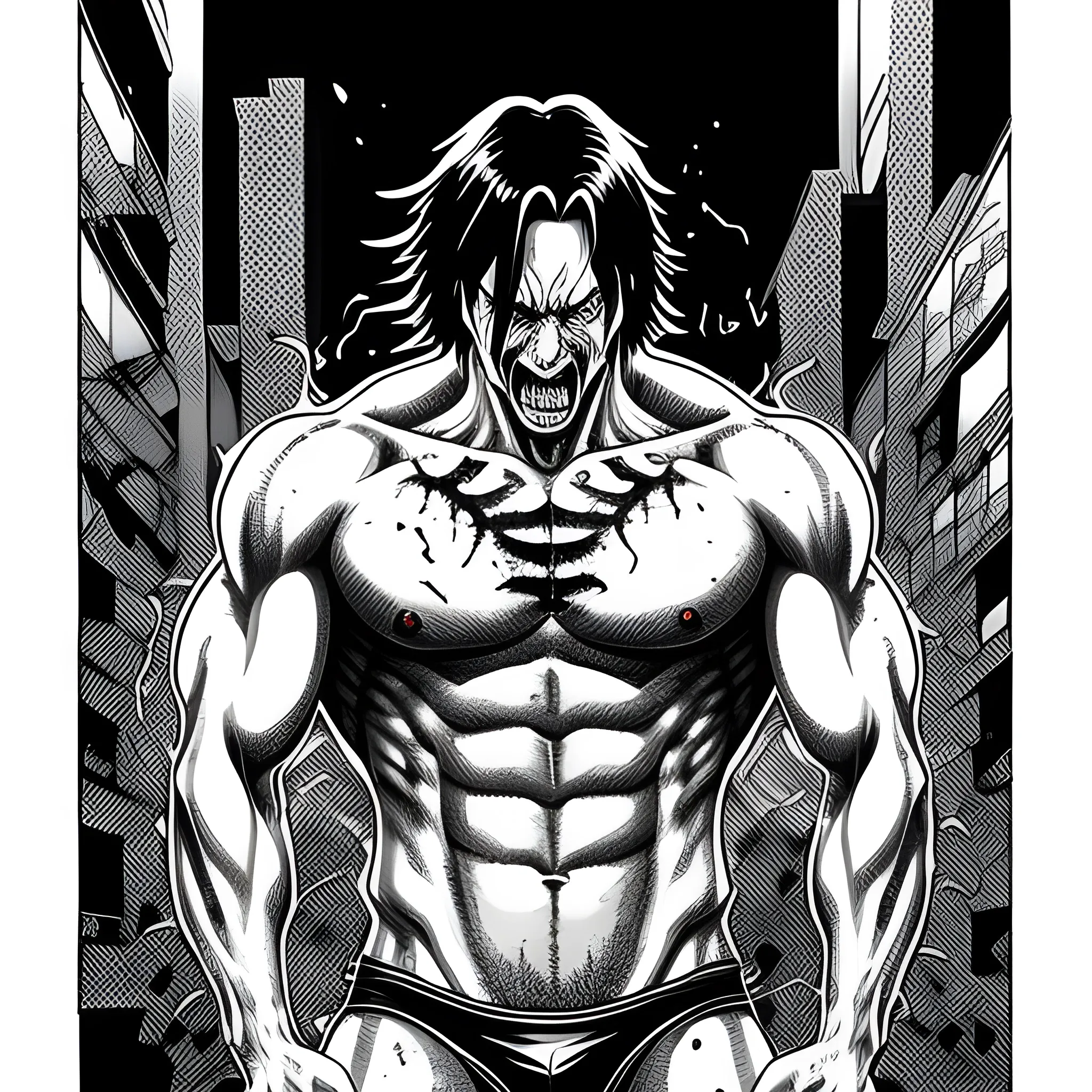 Black and white ink nanquim drawing, Anime perspective drawing, young anime Keanu Reeves screaming and tearing his shirt, leaving his chest exposed, body shattered after falling from a building, male uniform, virile, short hair, wide eyes, monster eyes, a angry screaming madly, fighting, sprawled on school floor, horror, scary, fear, thought provoking, by Kazuo Umezu by Ito Junji, high definition, super hd, ultra high definition, fear definition, panic, terrifying, anxiety, dread, shock, bloodied, brain exposed, hole in belly with intestines sticking out