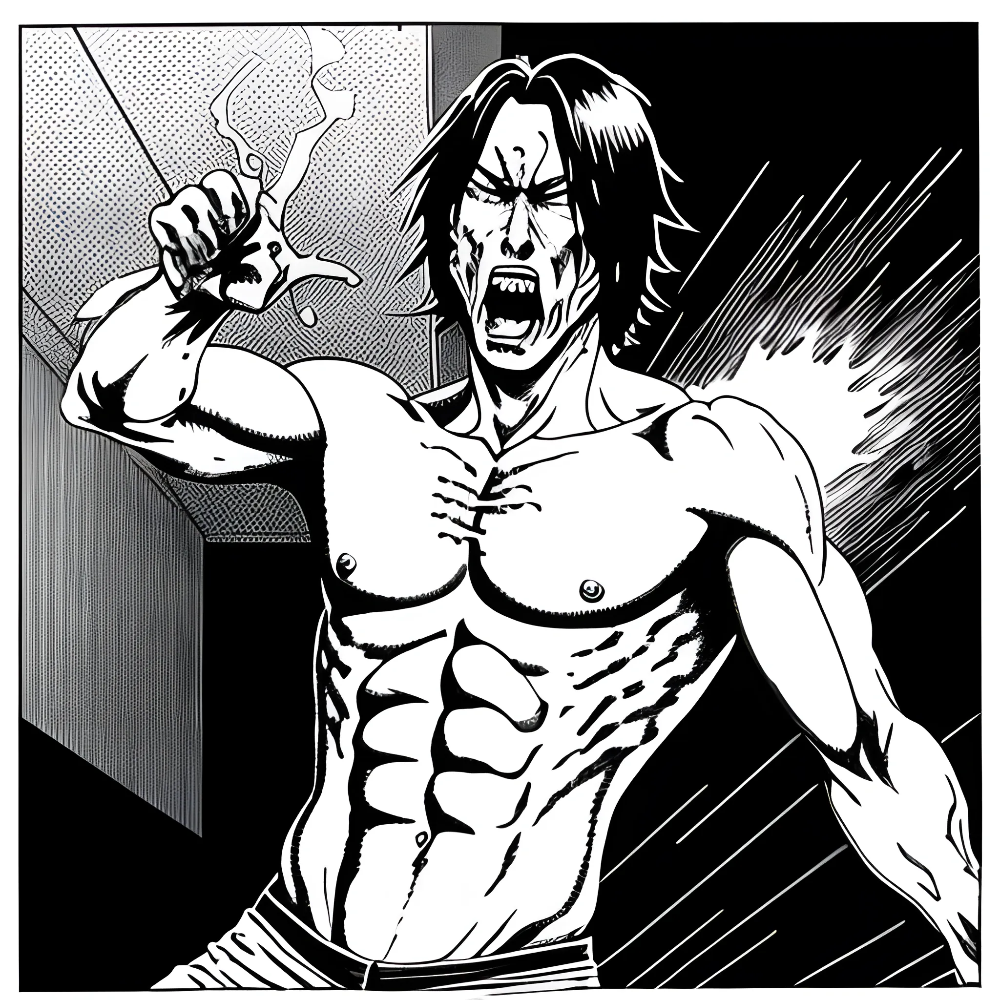 Black and white ink nanquim drawing, Anime perspective drawing, young anime Keanu Reeves screaming and ripping his shirt, leaving his chest exposed, body shattered after falling from a building, male uniform, virile, short hair, wide eyes, monster eyes, a angry screaming madly, fighting, sprawled on school floor, horror, scary, fear, thought provoking, by Kazuo Umezu by Ito Junji, high definition, super hd, ultra high definition, fear definition, panic, terrifying, anxiety, dread, shock, bloodied, brain exposed, hole in belly with intestines sticking out