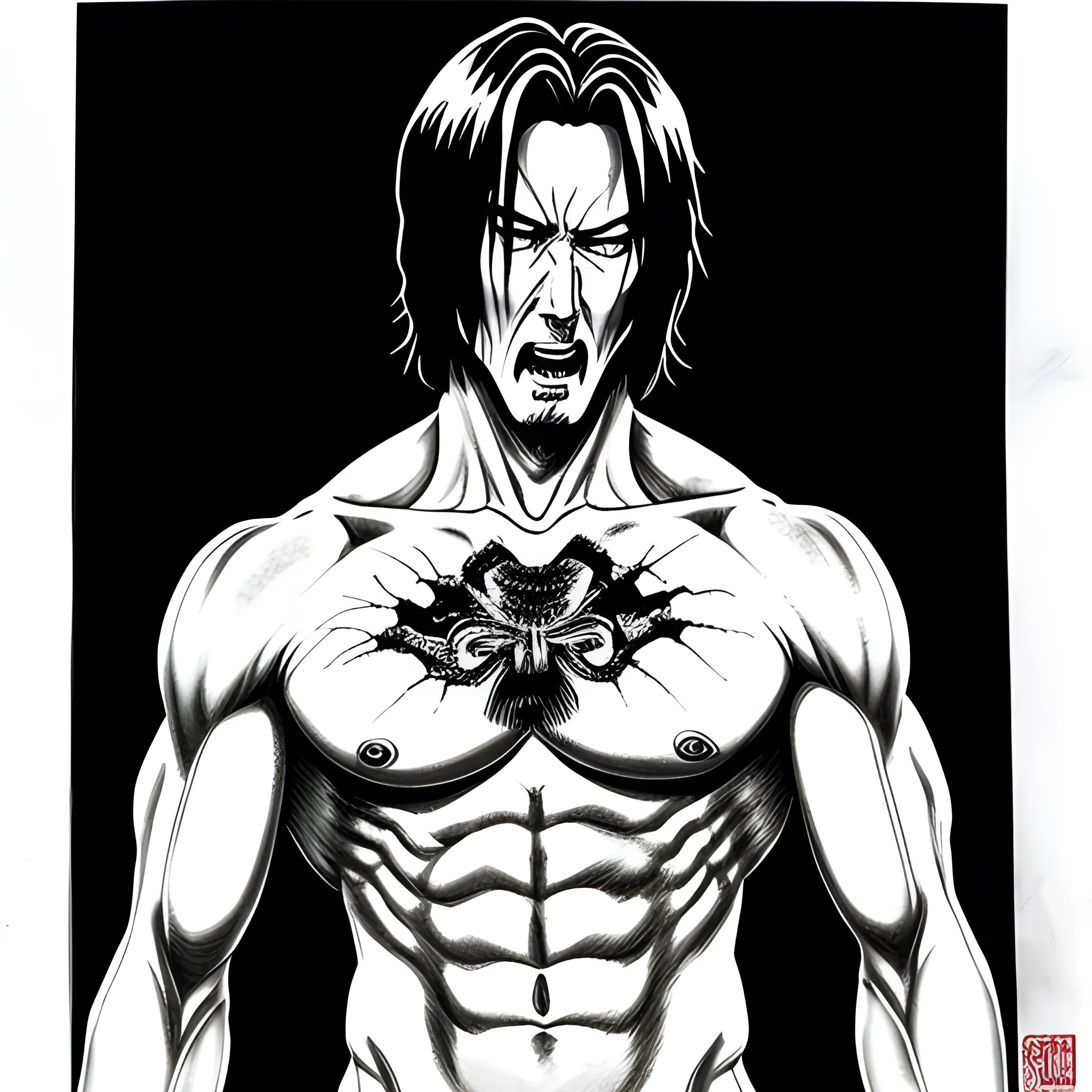 Black and white ink nanquim drawing, Anime perspective drawing, young anime Keanu Reeves ripping his shirt with hands, male uniform, virile, short hair, wide eyes, monster eyes, a angry screaming madly, horror, scary, fear, thought provoking, by Kazuo Umezu by Ito Junji, high definition, super hd, ultra high definition, fear definition
