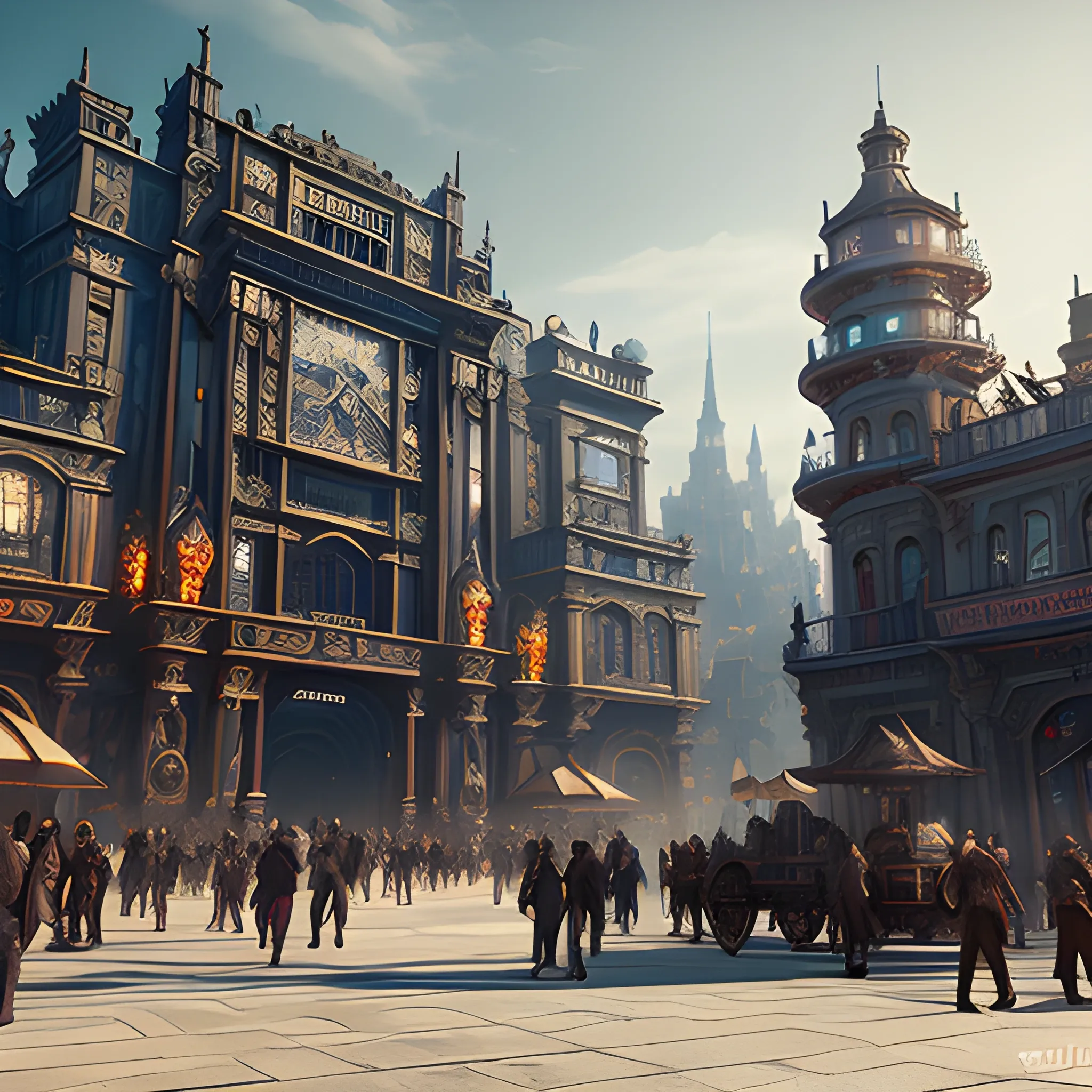 masterpiece, steampunk hell entrance, bustling with people from different dynasties, every kiosk sells different specialty, film quality, unreal engine, matte, award-winning, beautiful studio Darklight