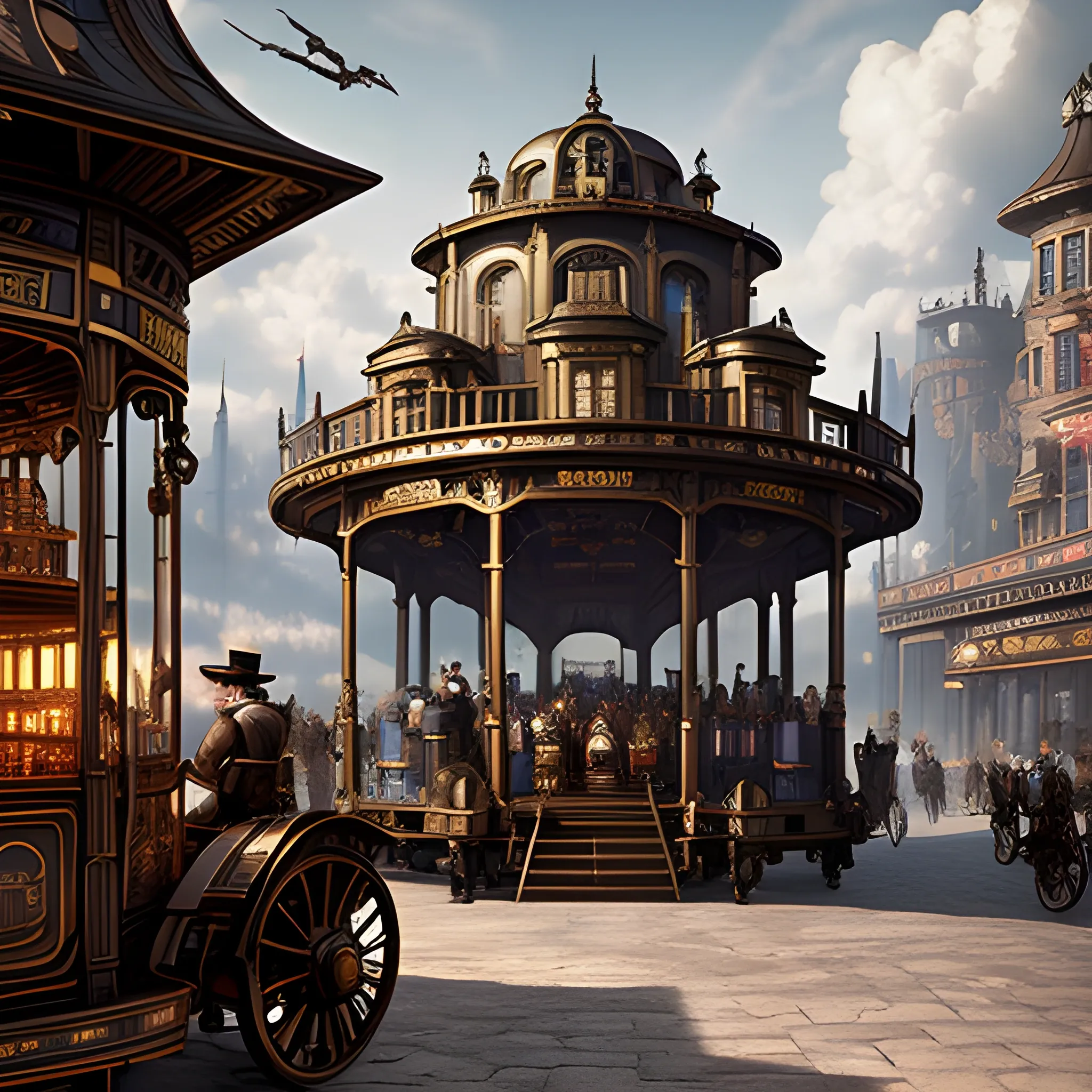 masterpiece, steampunk hell grand entrance, bustling with people from different dynasties, in carriages and in steam-engined vehicles, very kiosk sells different specialty, film quality, unreal engine, matte, award-winning, beautiful studio Darklight