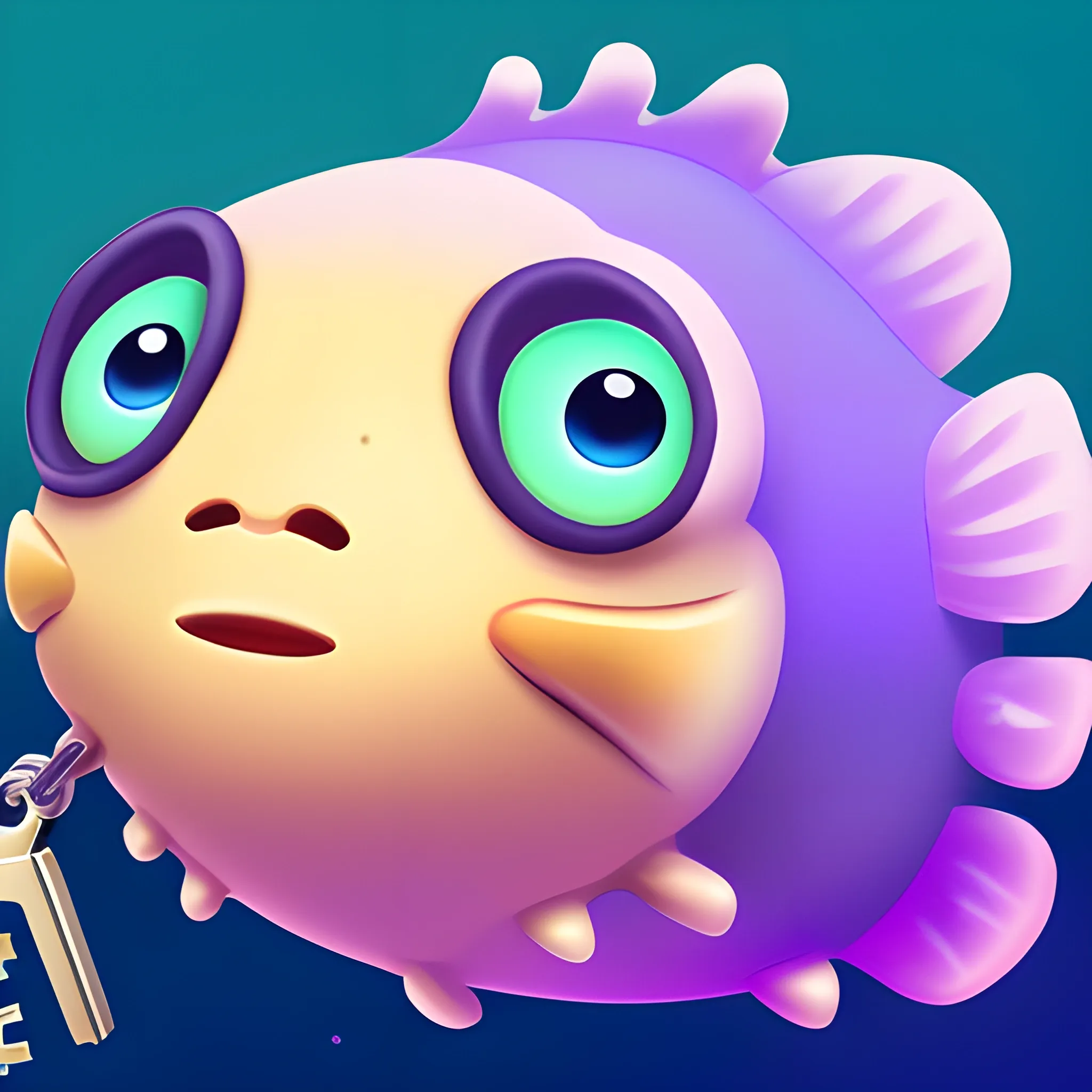 A purple cute puffer fish holding a key in one hand and two ethereum coins in the other