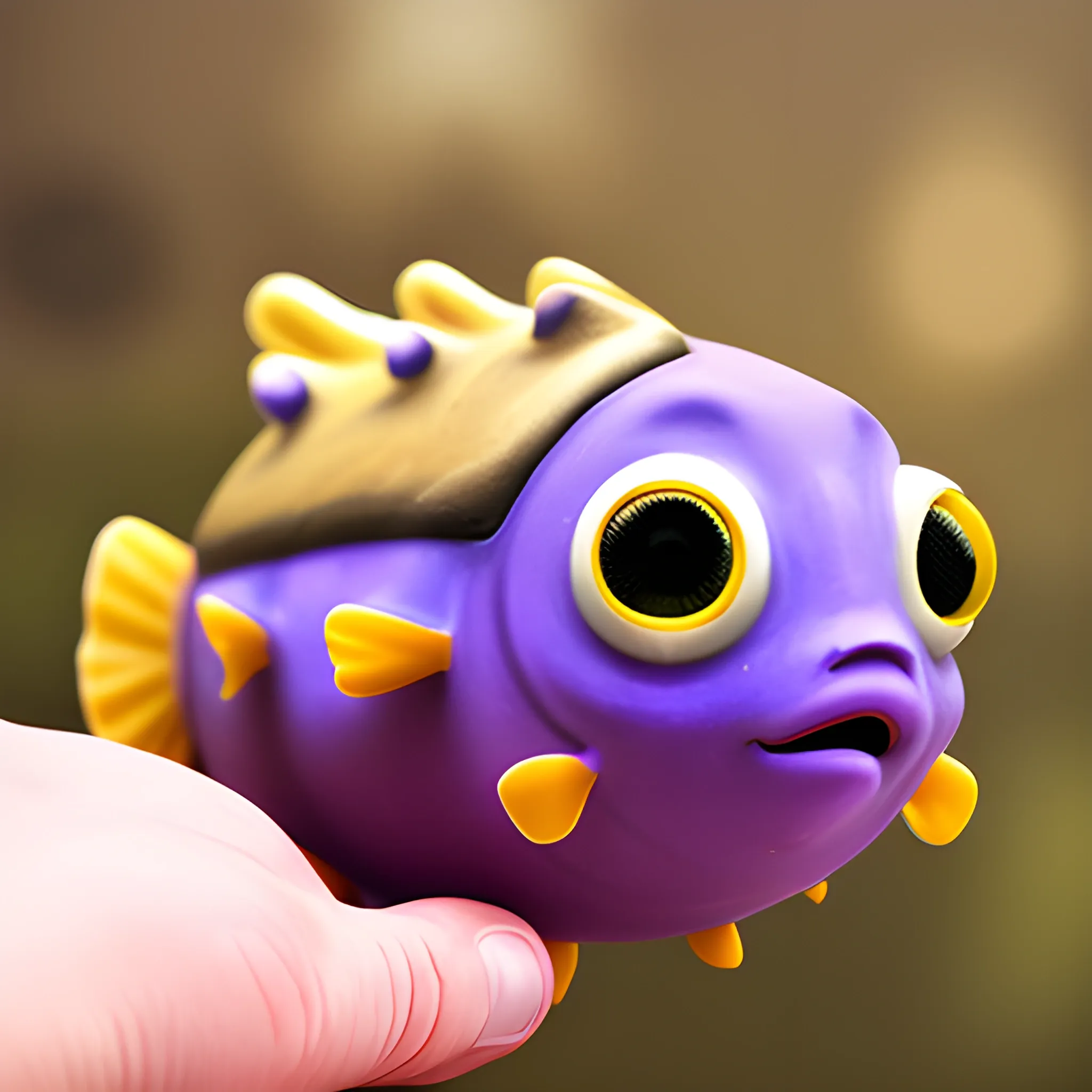 A purple cute puffer fish holding a key in one hand and two eth coins in the other hand