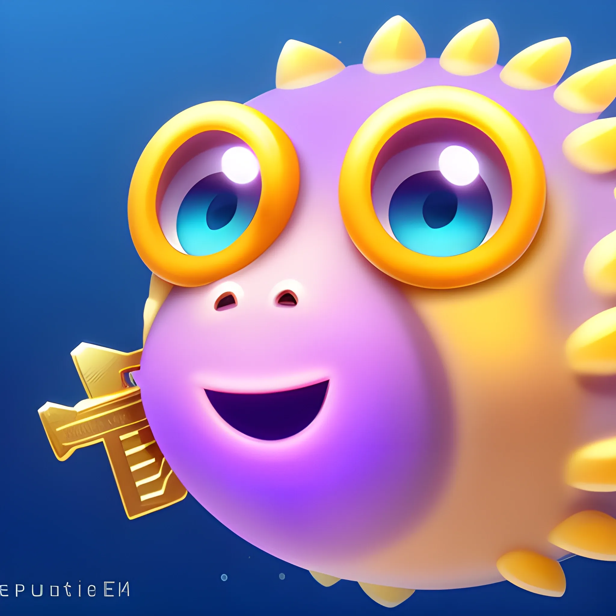 A purple cute puffer fish holding a key in one fin and two ethereum coins in the other
