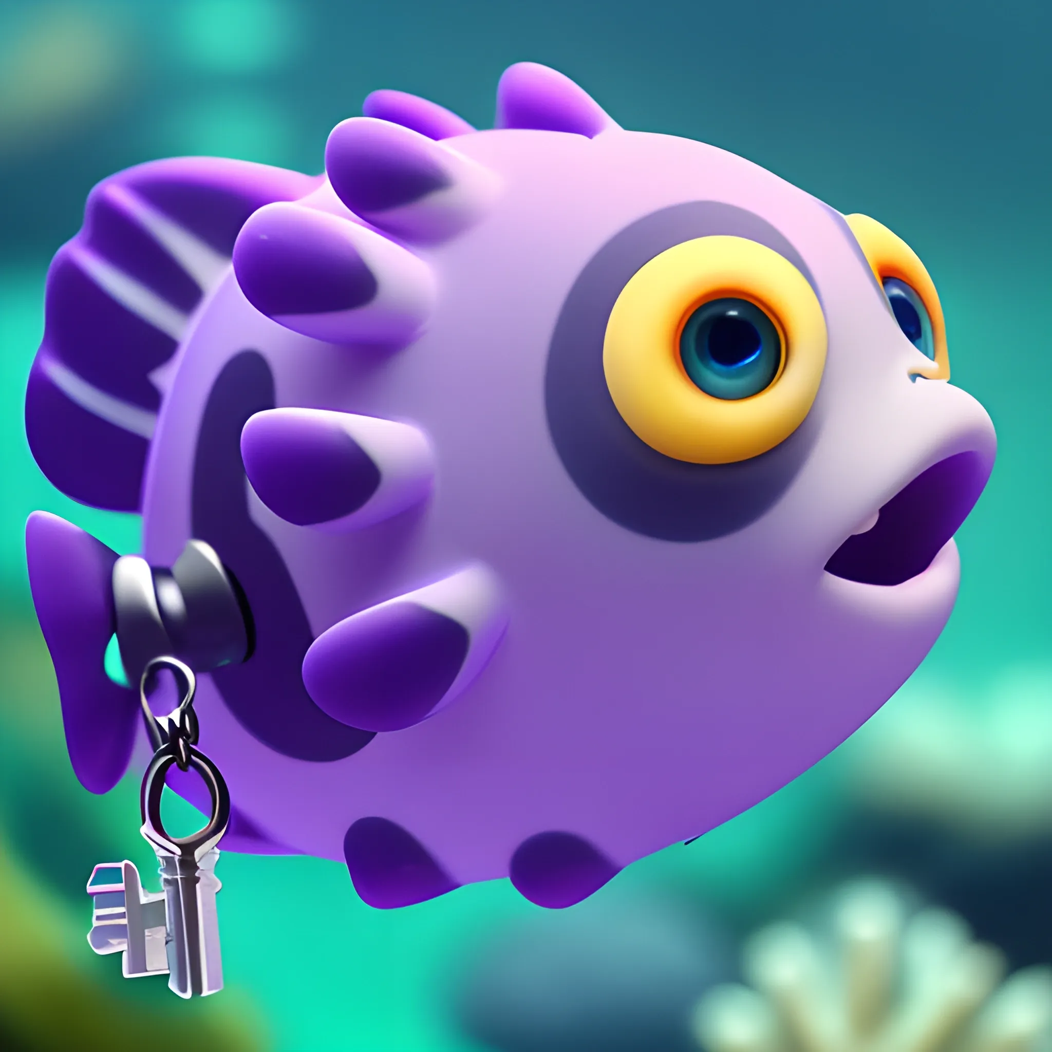 A cute purple puffer fish holding a key in its left fin and two ethereum coins in its right fin