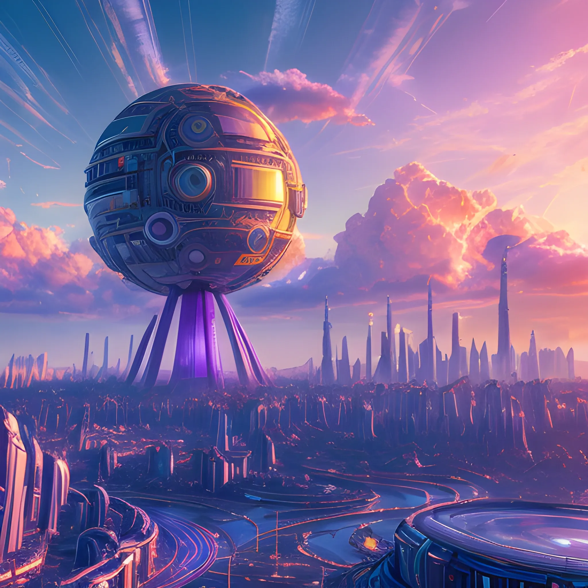 highly detailed articifial futuristic sun, various TVs, sustainable energy machine, advanced technology, bright blue clouds, landscape of lush purple cityscape, nature, optimistic, environmental harmony, urban, ecological, vision, innovation, photo realistic 3d render, high resolution, panoramic, insane details, golden hour, cinematic, dark sky