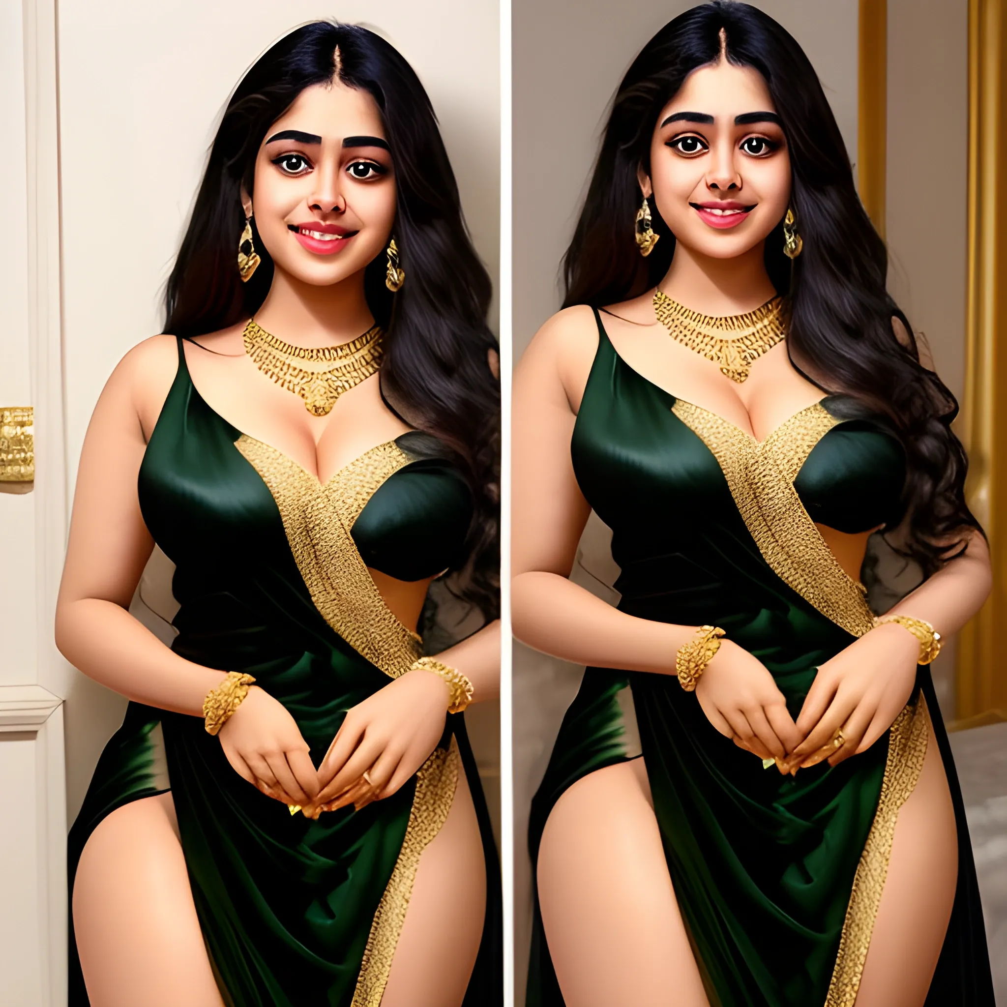 Thick Janvi Kapoor 
bigger thigh
 white muscular body
Enormous breasts
a stunningly beautiful princess dressed in a light black yellowish silk allur green night dress,
Wearing gold plated jewellery flirty open eyes with cutest smile 
At night 
