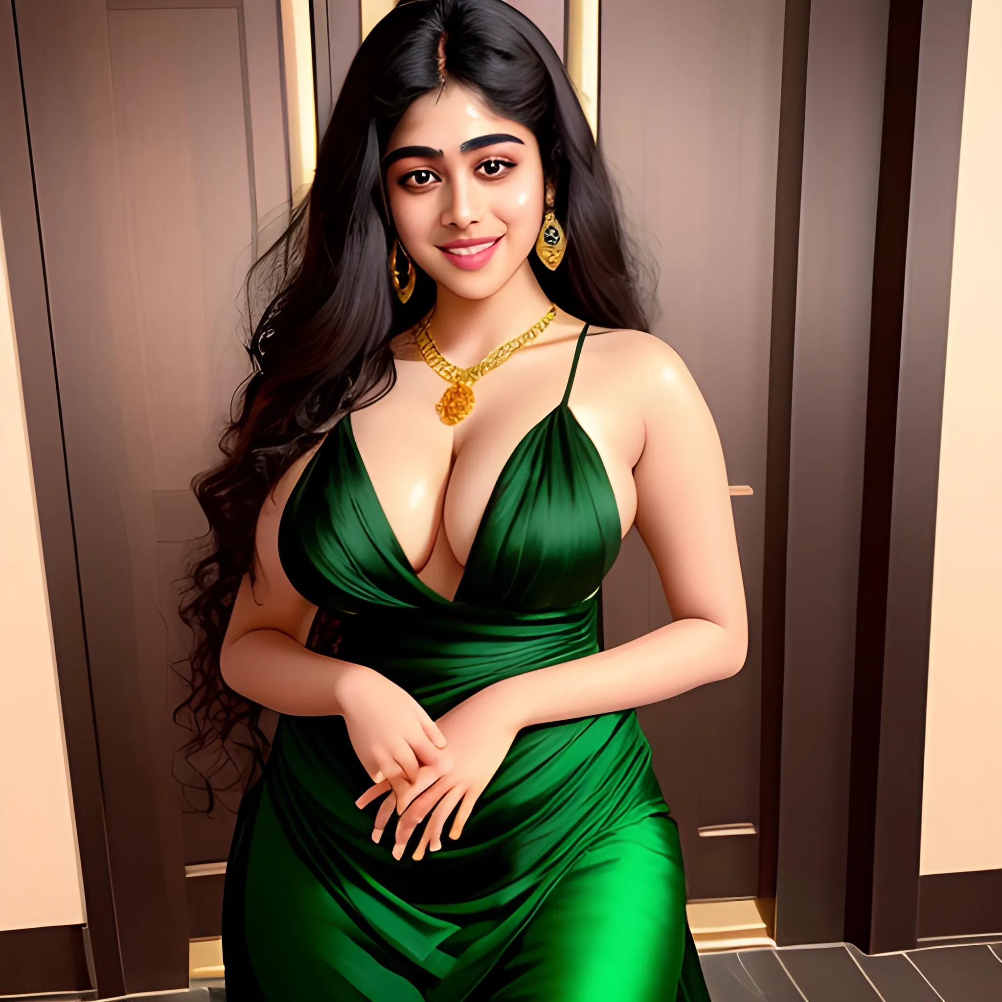 Thick Janvi Kapoor 
bigger thigh
 white muscular body
Enormous breasts
a stunningly beautiful princess dressed in a light black yellowish silk allur green night dress,
Wearing gold plated jewellery flirty open eyes with cutest smile 
At night 
