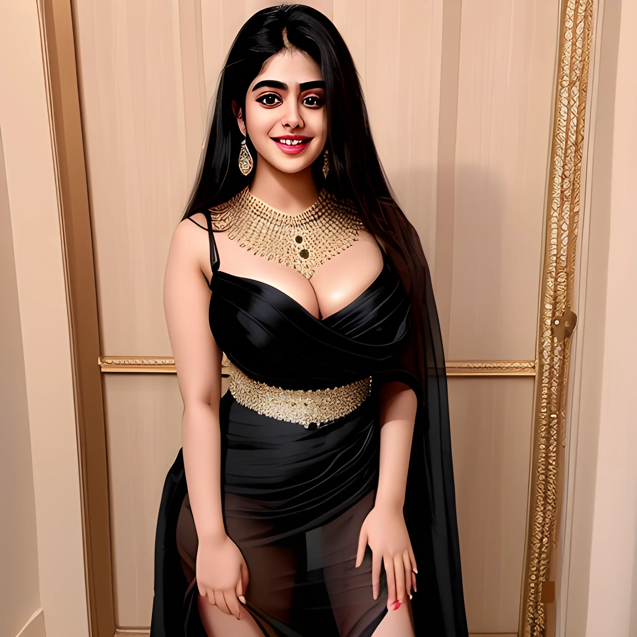 Thick Janvi Kapoor 
bigger thigh
 white muscular body
Enormous breasts
a stunningly beautiful princess dressed in a light black yellowish silk allur black night dress,
Wearing diamond plated jewellery flirty open eyes with cutest smile 
At night 
