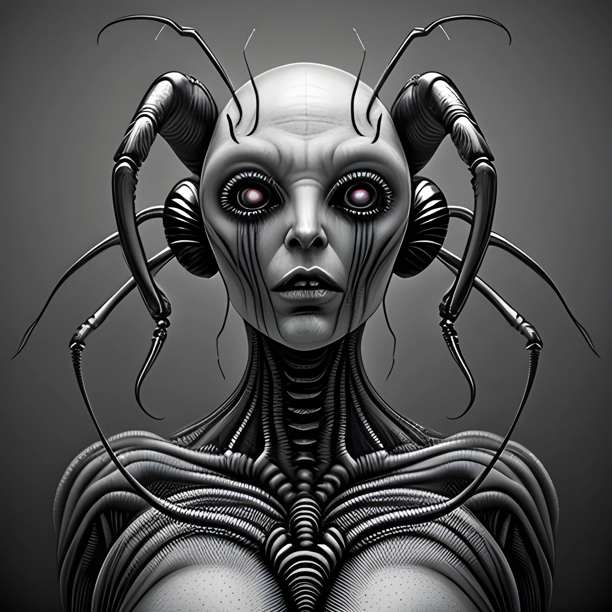 dreamlikeart profile portrait HR Giger style alien female, detailed spider eyes, wired breast, beetle ears, presented as a concept, black and white color, hyper realistic, illustration, digital art, highly detailed, fine detail, intricate, Trippy