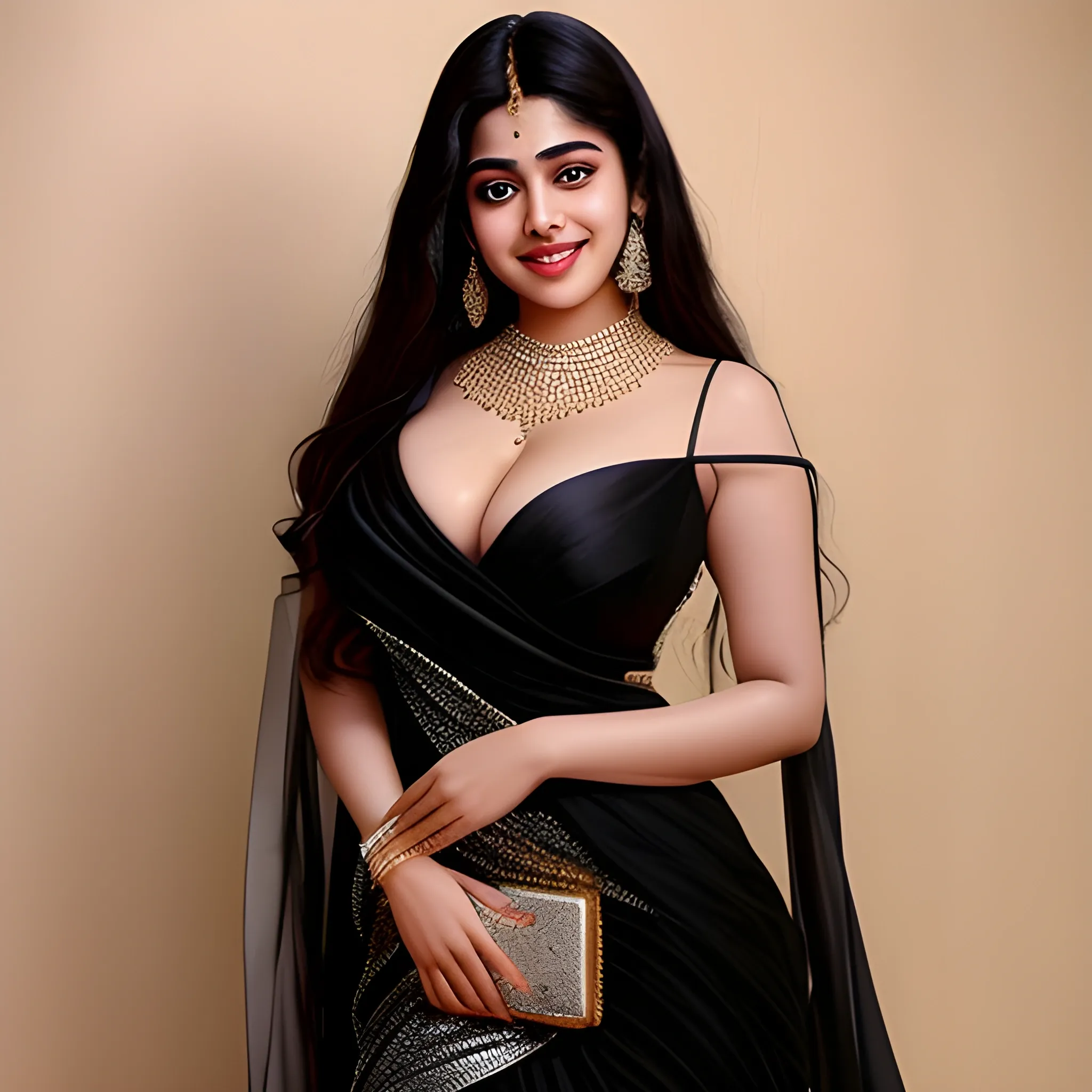 Thick Janvi Kapoor 
bigger thigh
 white muscular body
Enormous breasts
a stunningly beautiful princess dressed in a light black yellowish silk allur black night dress,
Wearing diamond plated jewellery flirty open eyes with cutest smile 
At night 
