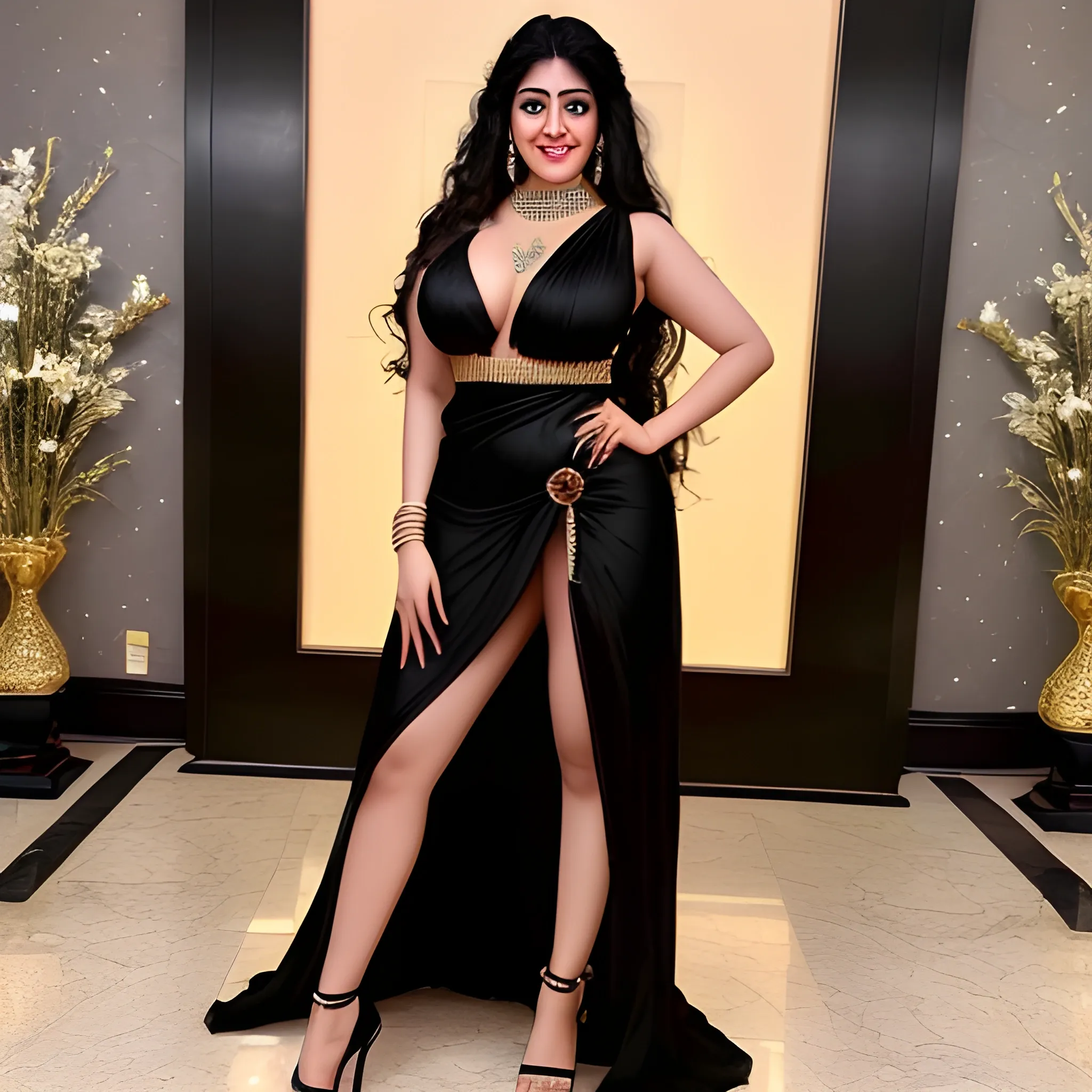 Thick Janvi Kapoor 
bigger thigh
 white muscular body
Enormous breasts
a stunningly beautiful princess dressed in a light black yellowish silk allur black night dress,
Wearing diamond plated jewellery flirty open eyes with cutest smile 
At night 
