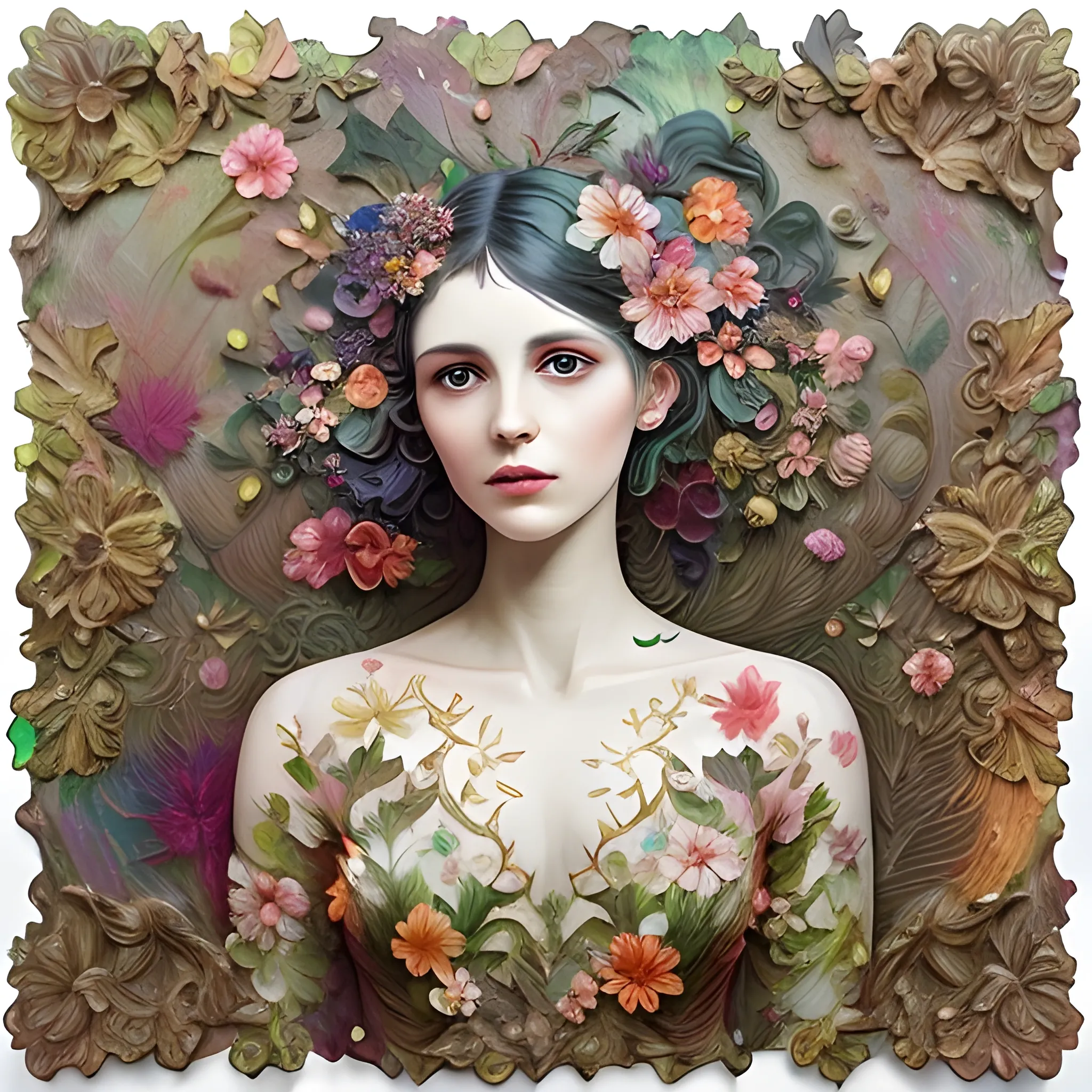woman in dress with flowers and leaves,painterly surfaces, wavy resin sheets, intricate embellishments, dramatic , Trippy