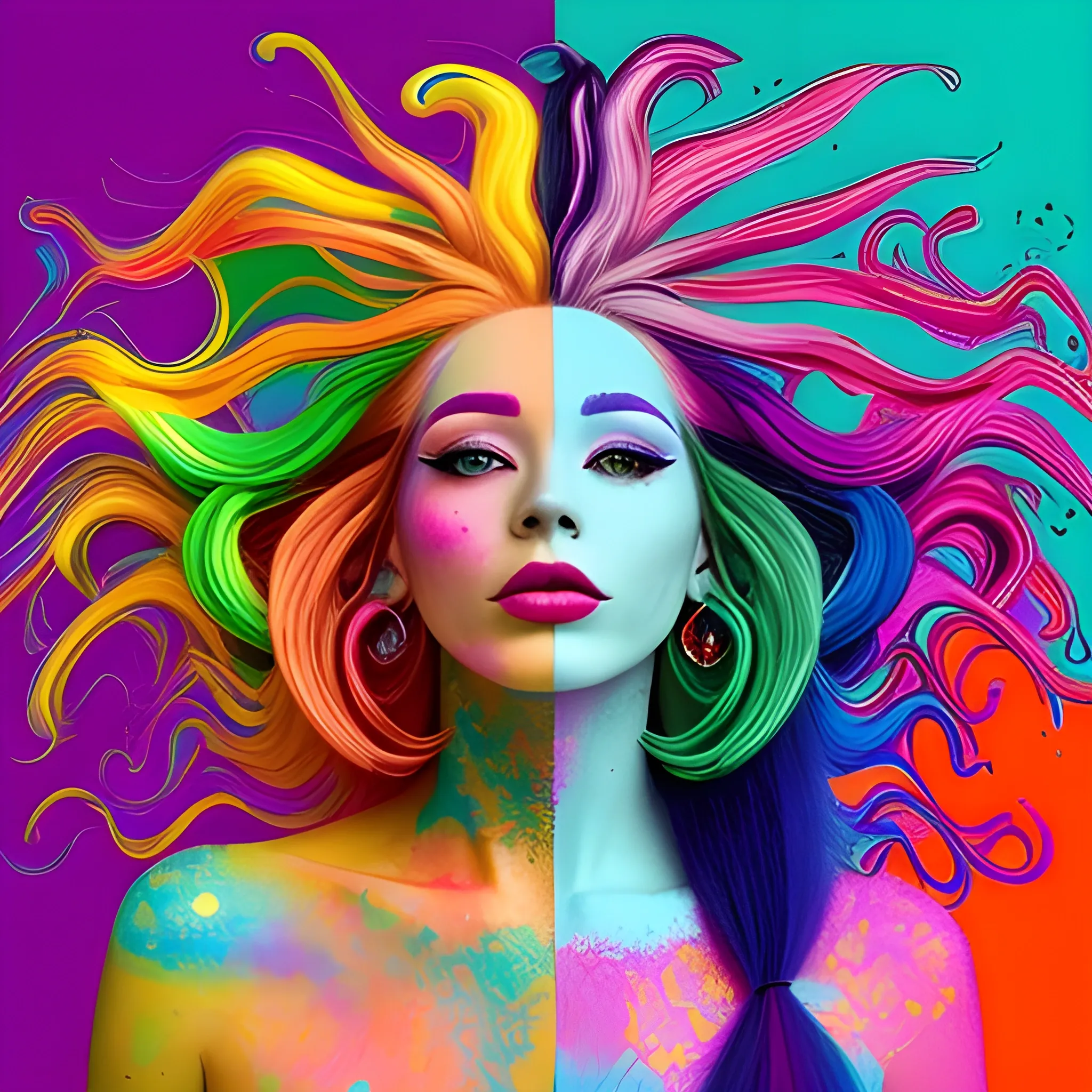 the woman is wearing multicolored hair, vibrant color scheme, Trippy
