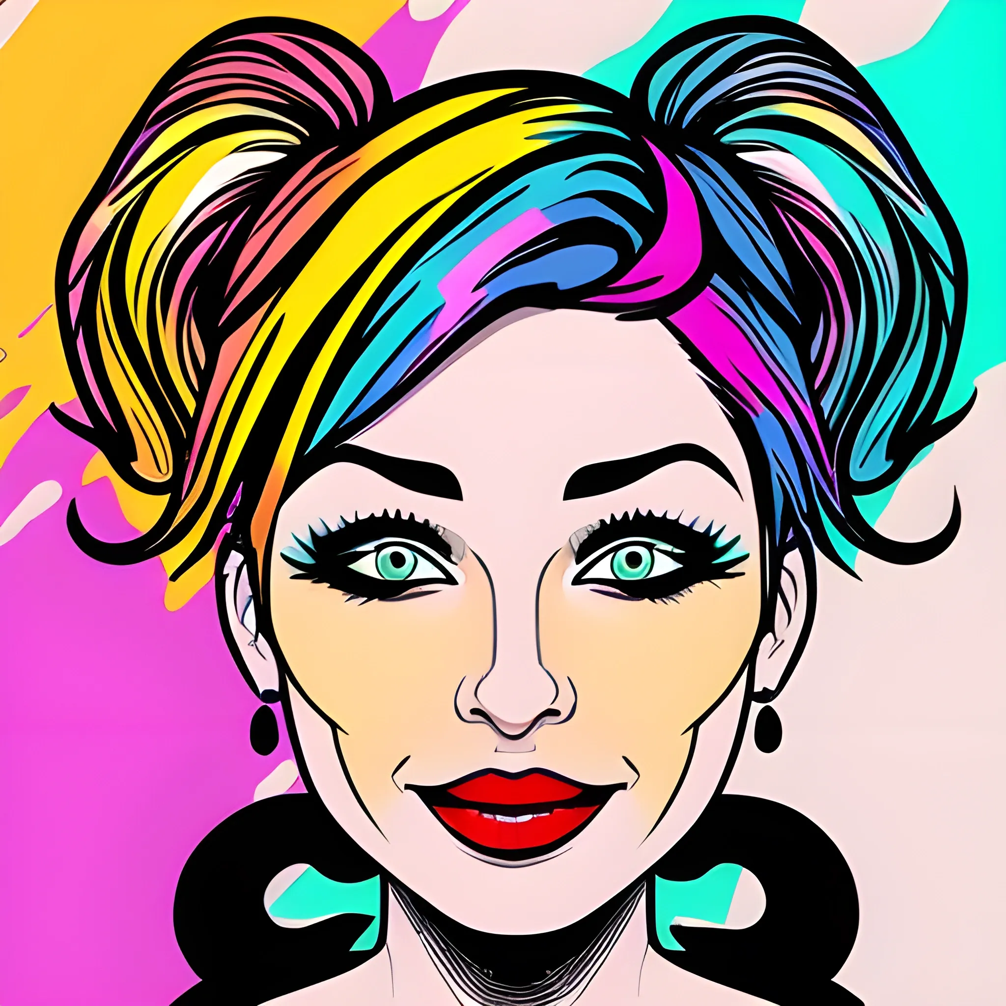 the woman is wearing multicolored hair, vibrant color scheme, , Cartoon